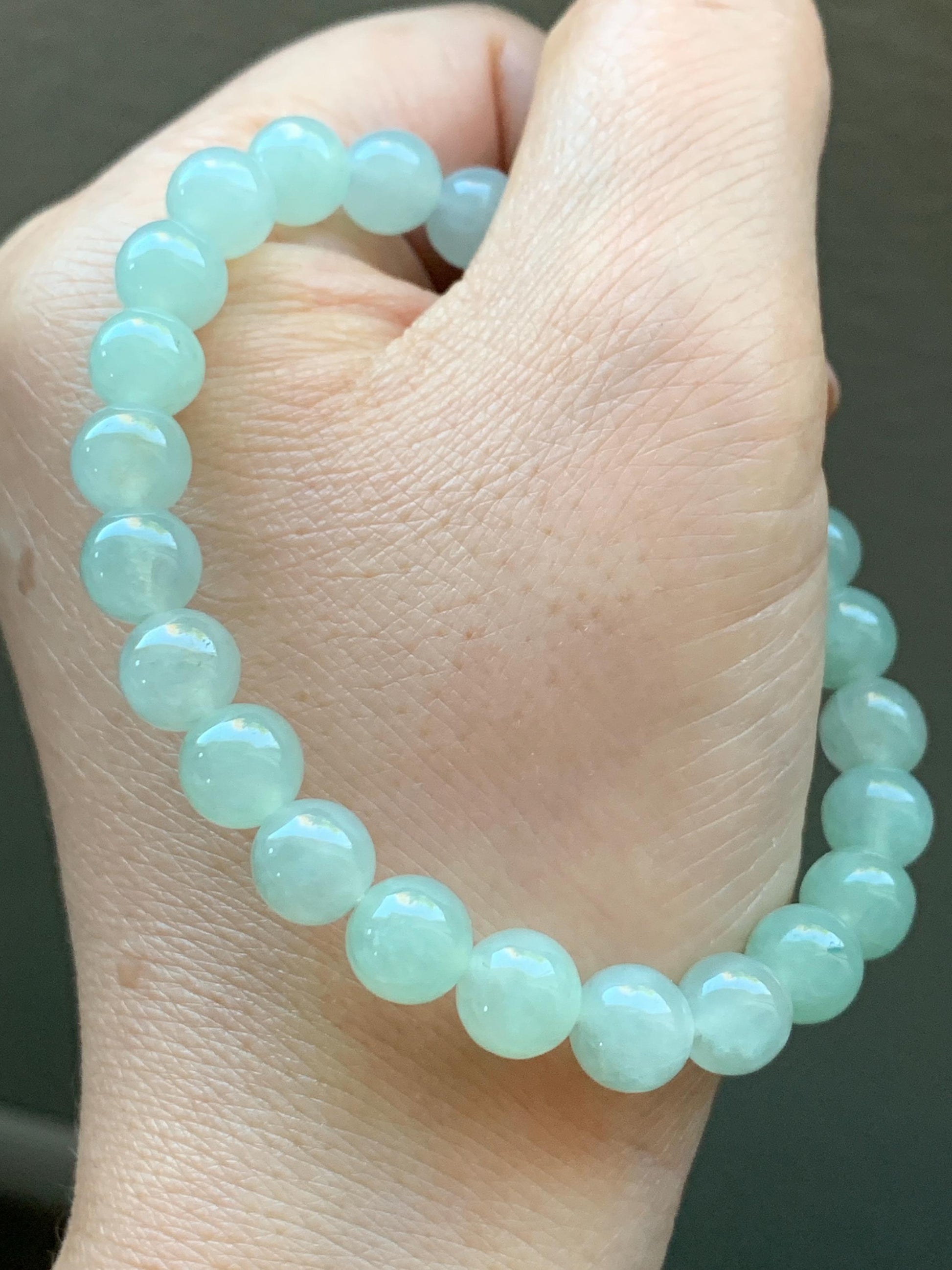 Natural Burmese Icy Translucent Gelatinous Light Green Jadeite Beaded Bracelet Stretchy 7.8mm 7.25” 20g 天然缅甸冰胶淡晴底翡翠手串 MQD918