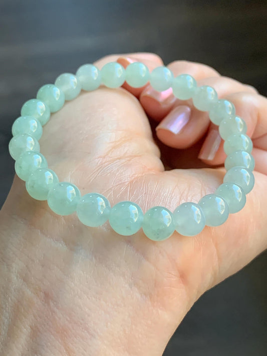 Natural Burmese Icy Translucent Gelatinous Light Green Jadeite Beaded Bracelet Stretchy 7.8mm 7.25” 20g 天然缅甸冰胶淡晴底翡翠手串 MQD918