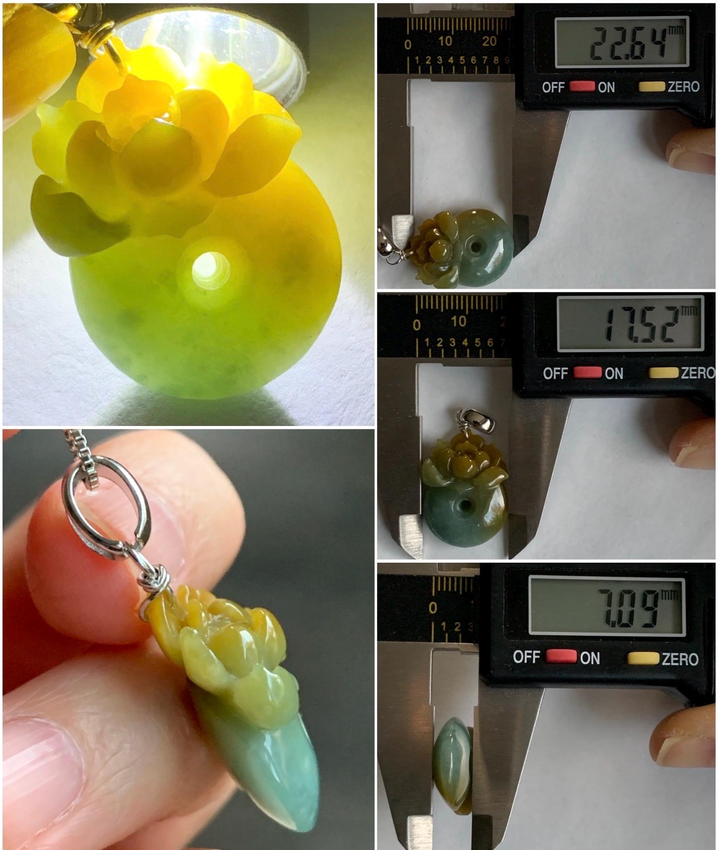 Natural Guatemalan Icy Translucent Light Dusty Blue Yellow Marbled Jadeite Lotus Flower Ping An Kou Donut Pendant 天然冰危蓝加黄翡翠莲花平安扣吊坠