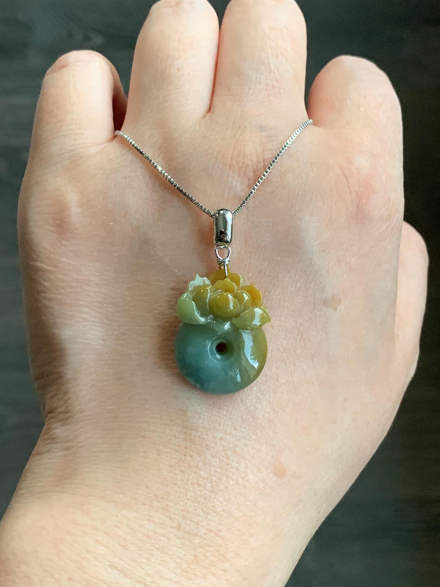 Natural Guatemalan Icy Translucent Light Dusty Blue Yellow Marbled Jadeite Lotus Flower Ping An Kou Donut Pendant 天然冰危蓝加黄翡翠莲花平安扣吊坠