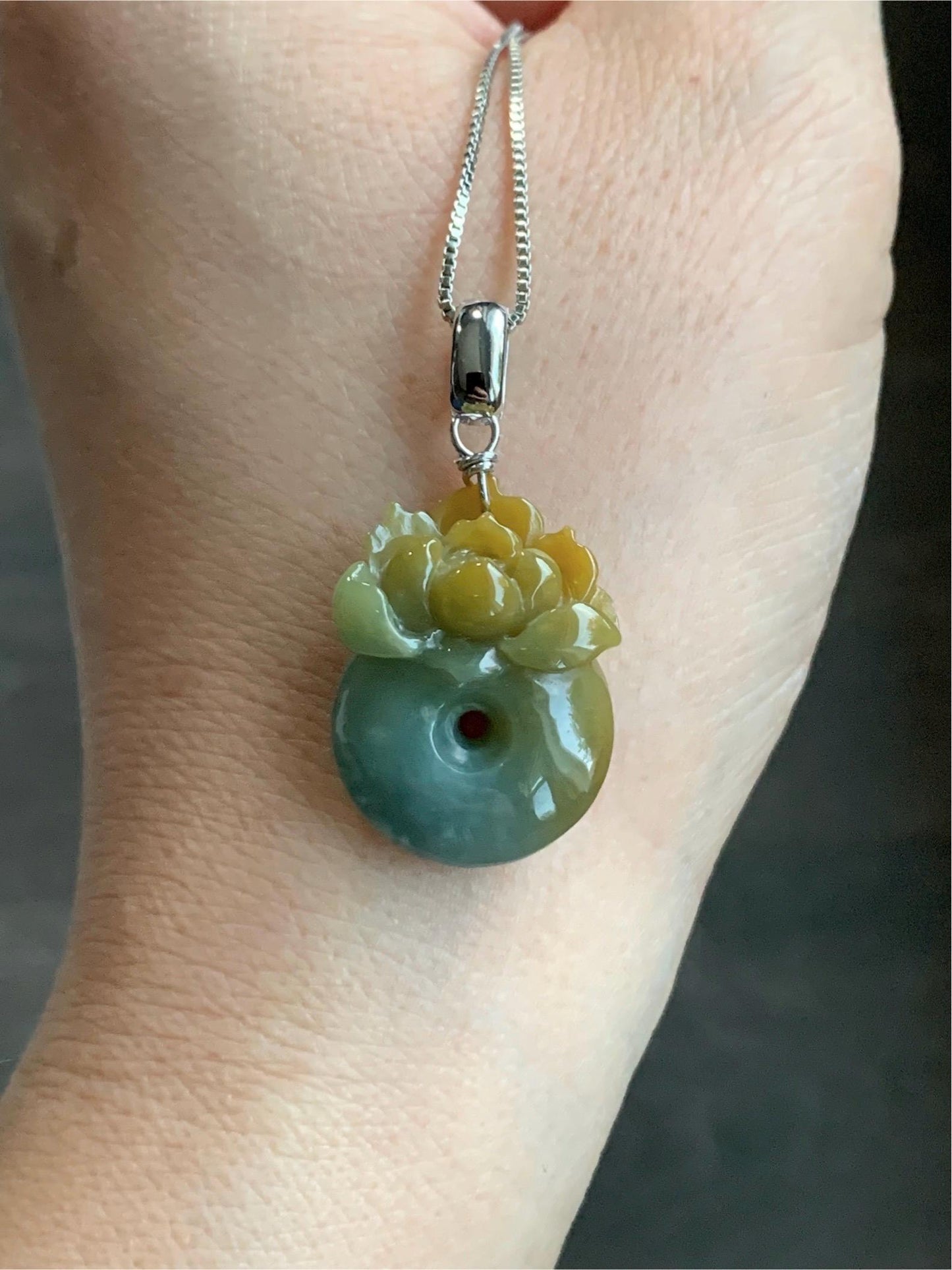 Natural Guatemalan Icy Translucent Light Dusty Blue Yellow Marbled Jadeite Lotus Flower Ping An Kou Donut Pendant 天然冰危蓝加黄翡翠莲花平安扣吊坠