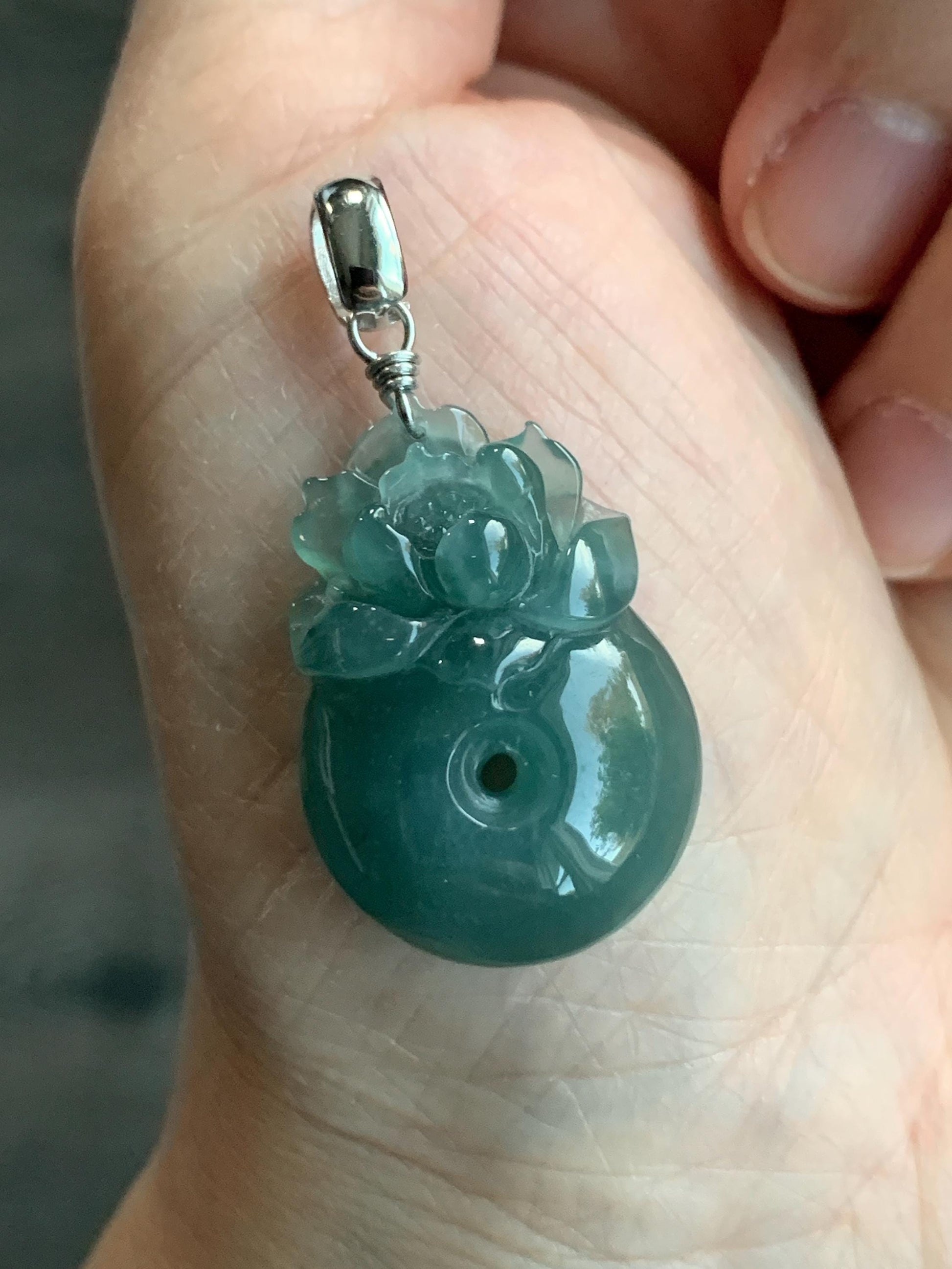 Natural Guatemalan Icy Translucent Dusty Teal Blue Jadeite Lotus Flower Ping An Kou Donut Pendant Sterling Silver 天然冰危蓝翡翠莲花平安扣吊坠
