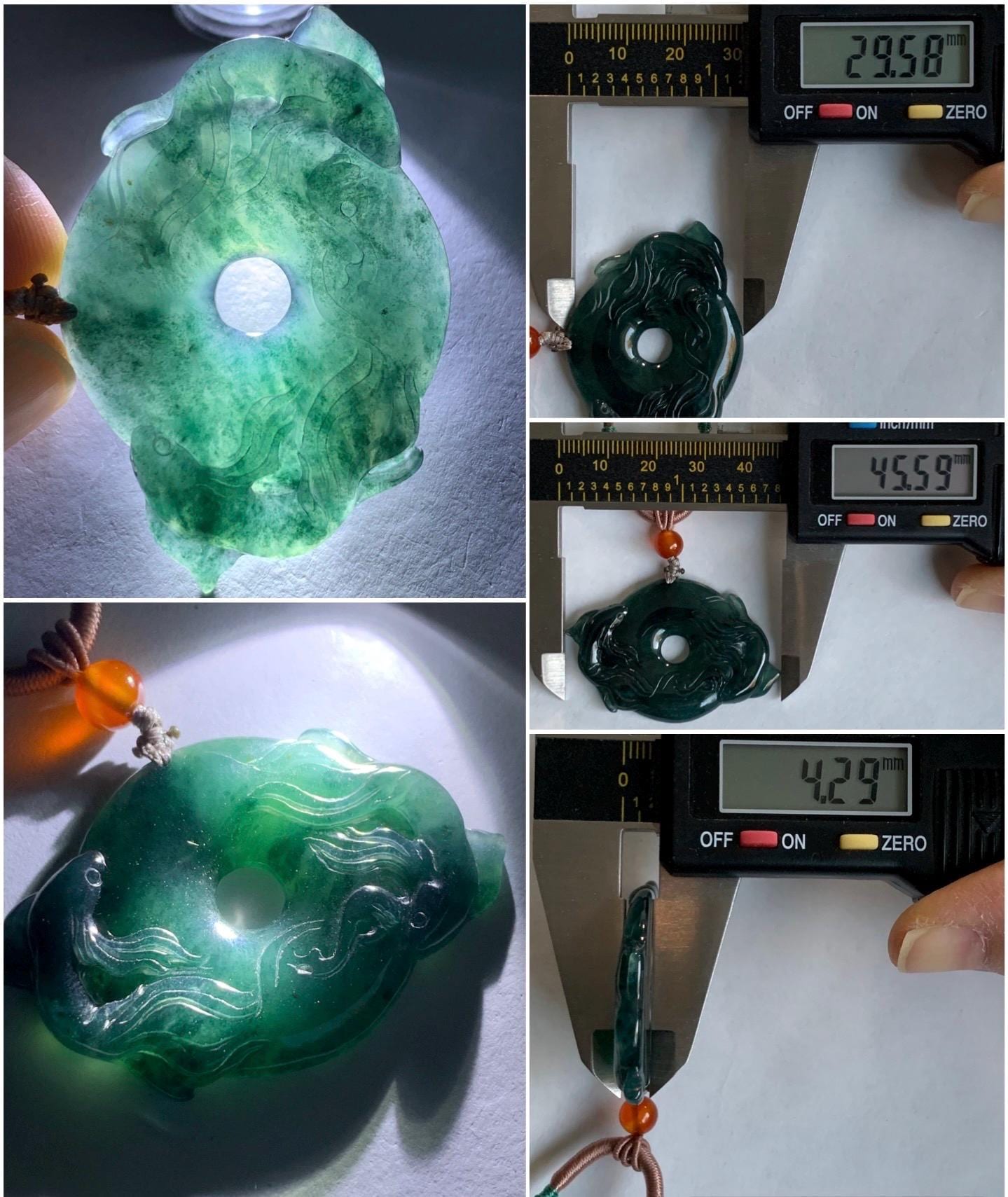 Natural Guatemalan Icy Translucent Dark Teal Green Jadeite Double Koi Fish Ping An Kou Donut Pendant Rope Necklace 26" 天然冰危深蓝绿翡翠双鱼平安扣吊坠