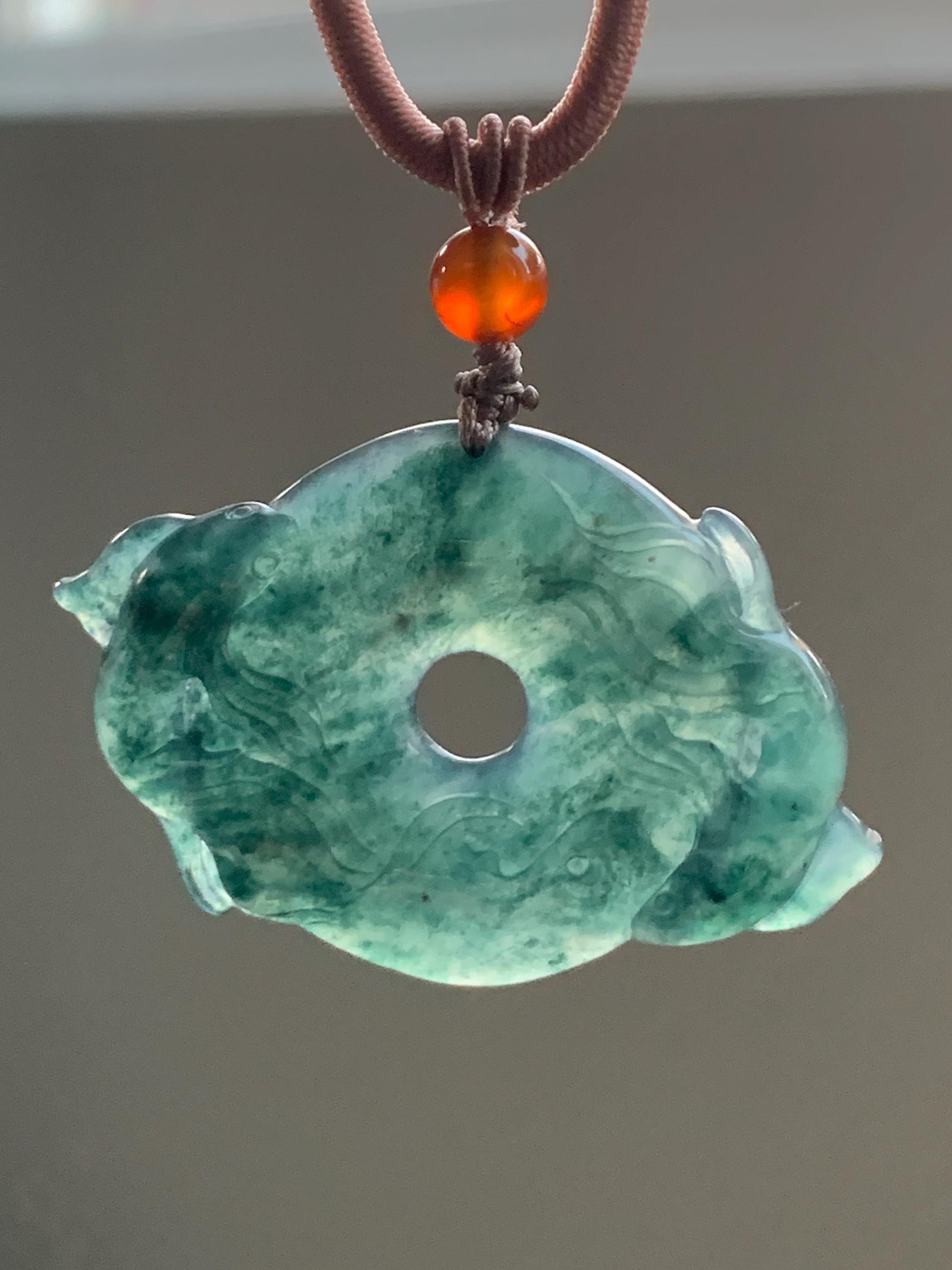 Natural Guatemalan Icy Translucent Dark Teal Green Jadeite Double Koi Fish Ping An Kou Donut Pendant Rope Necklace 26" 天然冰危深蓝绿翡翠双鱼平安扣吊坠