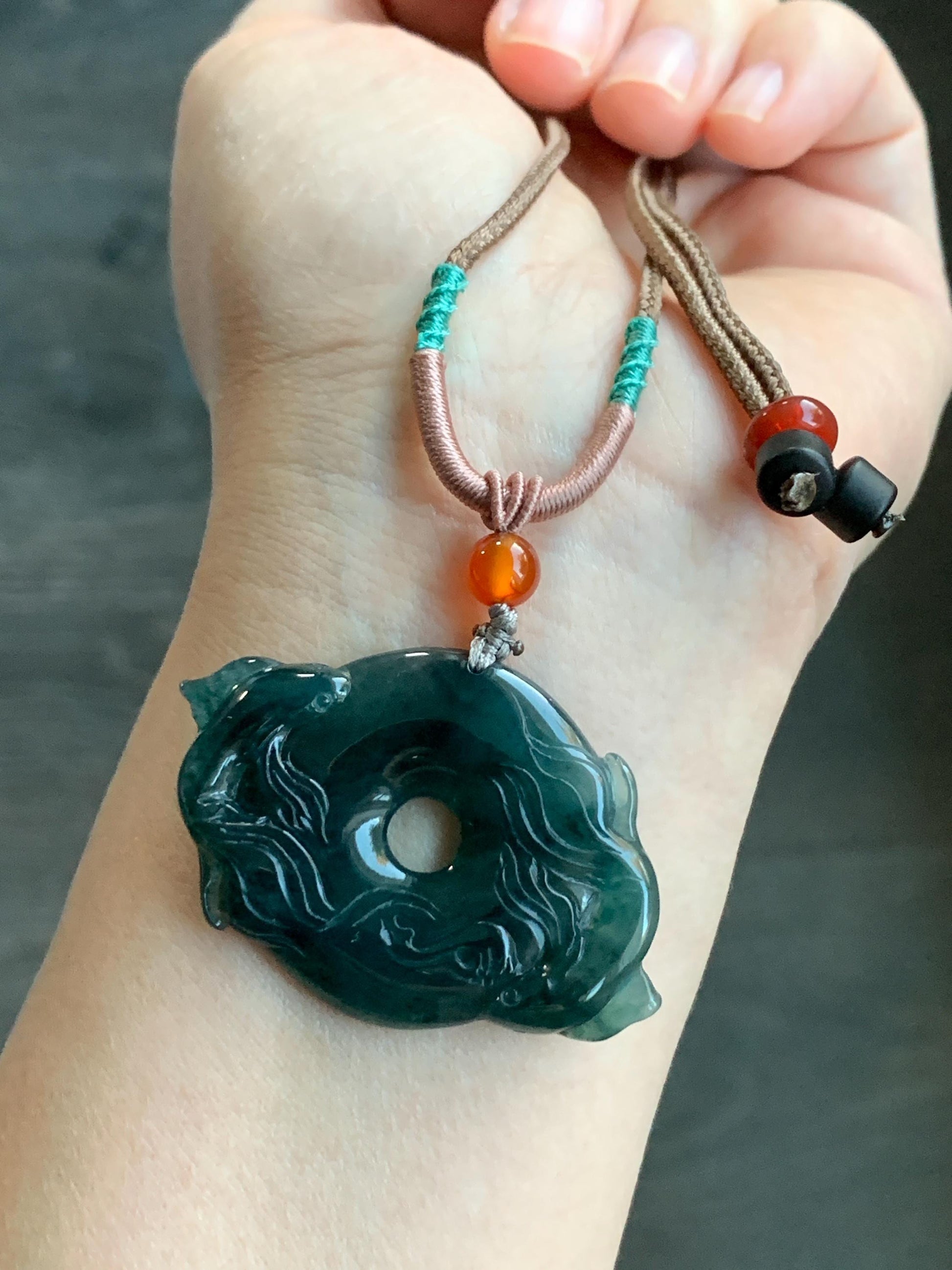 Natural Guatemalan Icy Translucent Dark Teal Green Jadeite Double Koi Fish Ping An Kou Donut Pendant Rope Necklace 26" 天然冰危深蓝绿翡翠双鱼平安扣吊坠