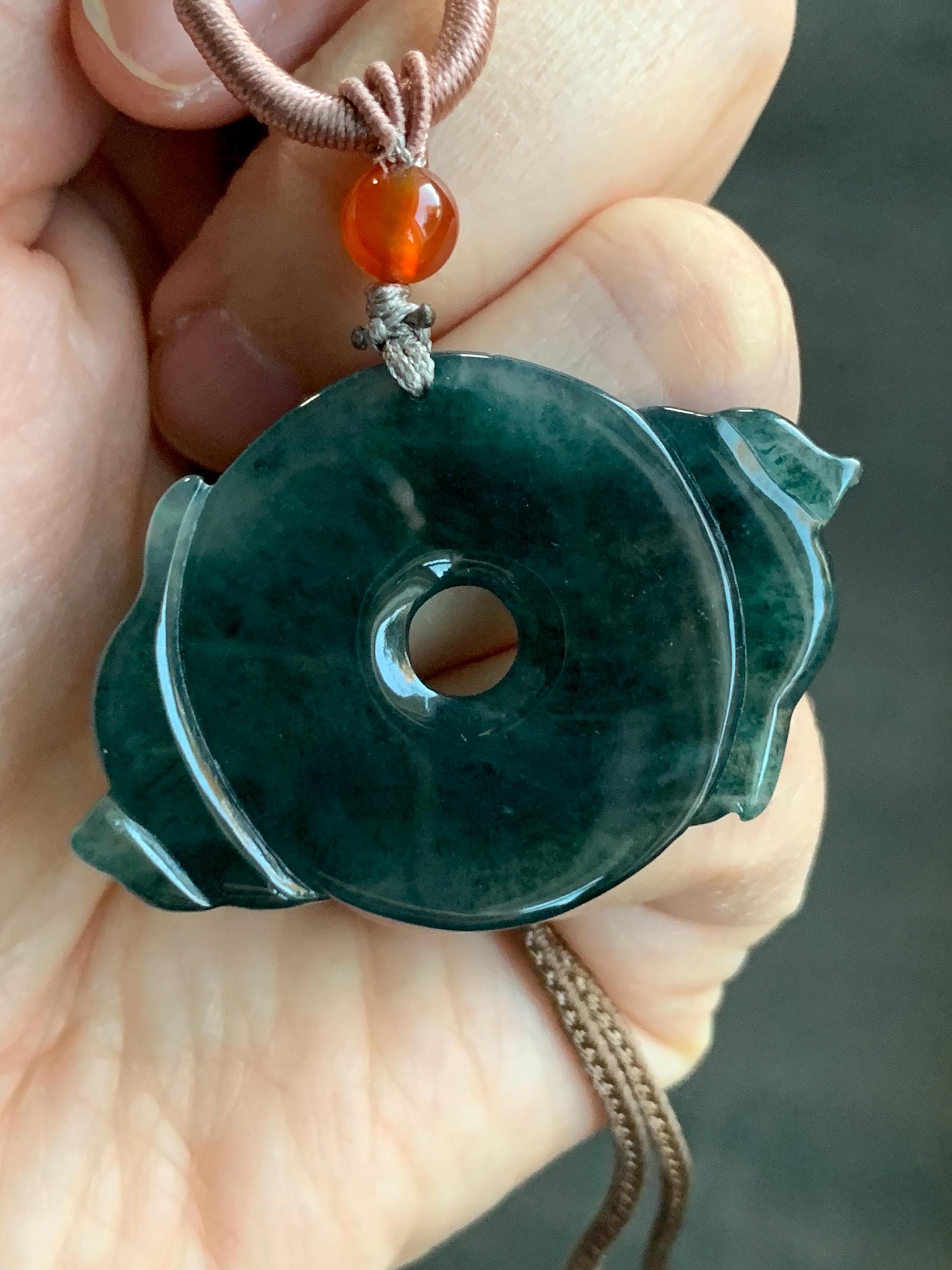Natural Guatemalan Icy Translucent Dark Teal Green Jadeite Double Koi Fish Ping An Kou Donut Pendant Rope Necklace 26" 天然冰危深蓝绿翡翠双鱼平安扣吊坠
