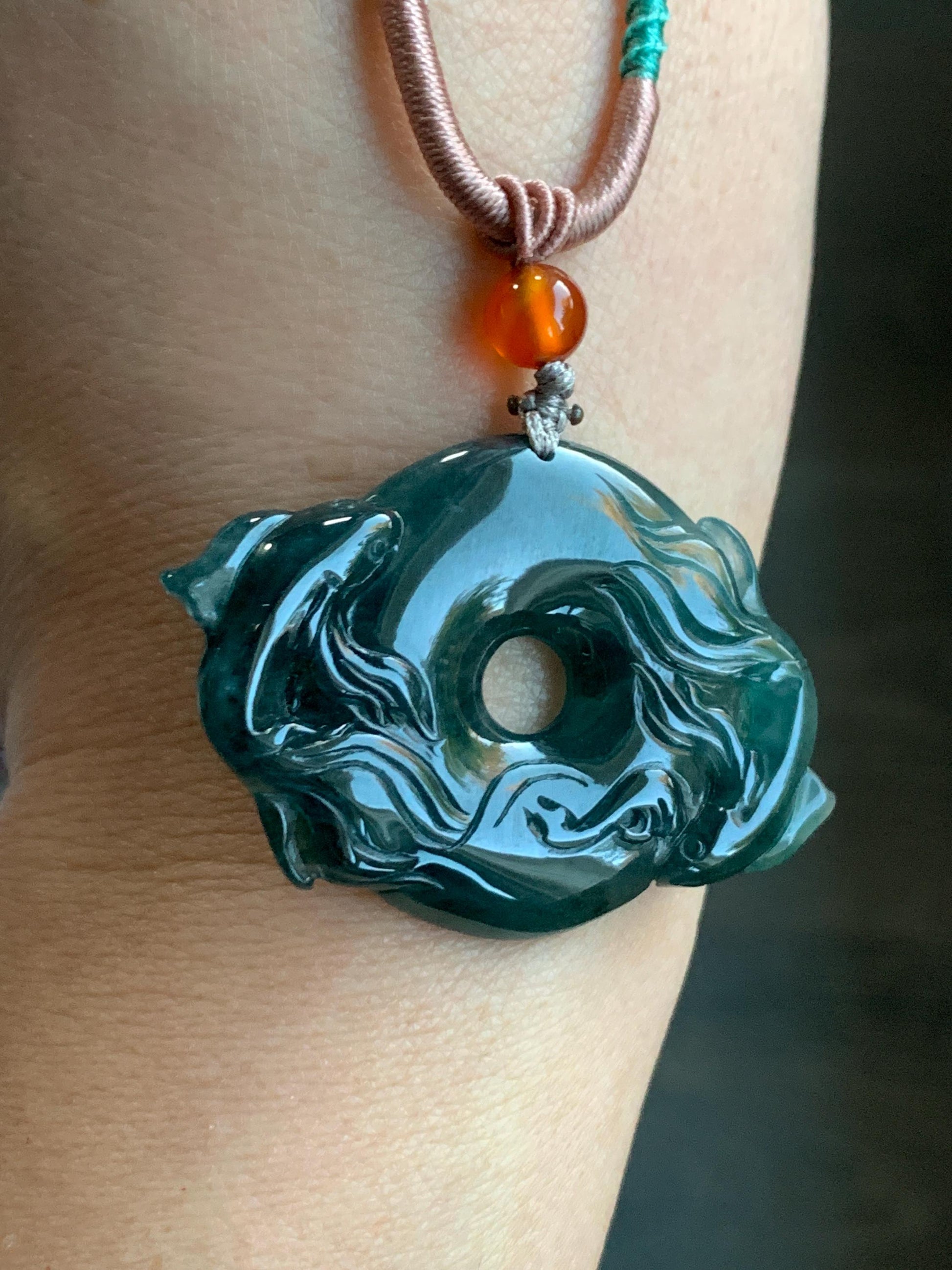 Natural Guatemalan Icy Translucent Dark Teal Green Jadeite Double Koi Fish Ping An Kou Donut Pendant Rope Necklace 26" 天然冰危深蓝绿翡翠双鱼平安扣吊坠