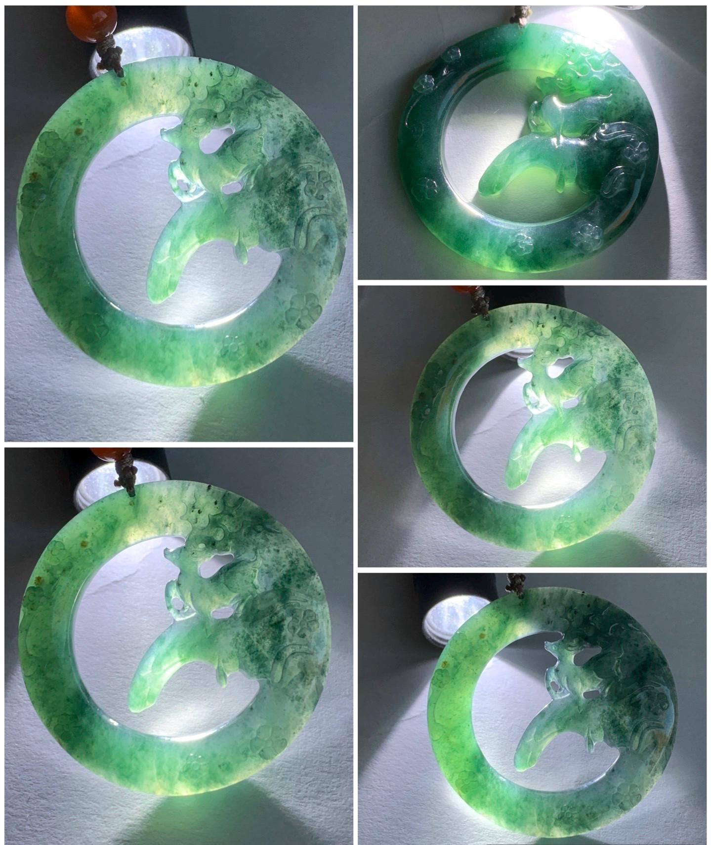 Natural Guatemalan Icy Translucent Dark Teal Blue Jadeite Engraved Deer Pendant Rope Necklace Adjustable 26” 15g 天然危深蓝水飘花翡翠梅花鹿吊坠