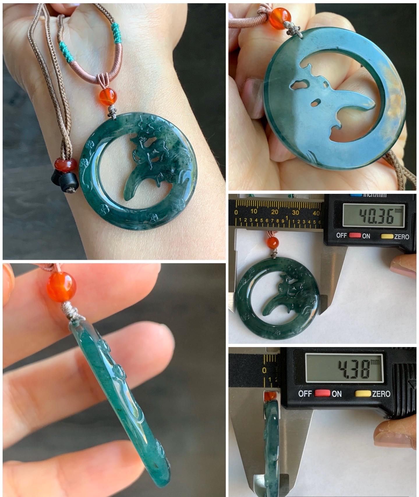 Natural Guatemalan Icy Translucent Dark Teal Blue Jadeite Engraved Deer Pendant Rope Necklace Adjustable 26” 15g 天然危深蓝水飘花翡翠梅花鹿吊坠