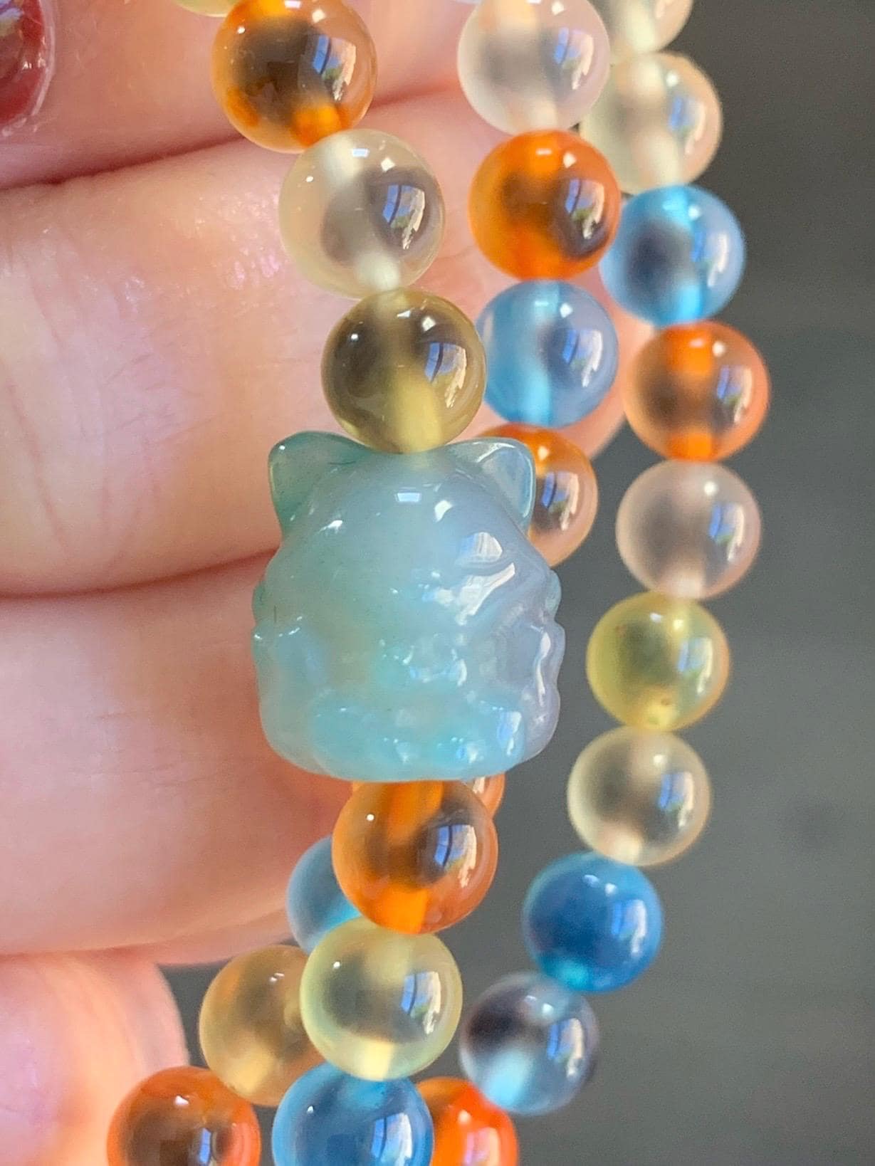 Certified Natural Multicolored Sugar Heart Candy Agate Beads Nine-Tailed Fox Agate Charm Layered Beaded Bracelet 5.8mm 22” 天然多宝糖心玛瑙圆珠九尾狐手串