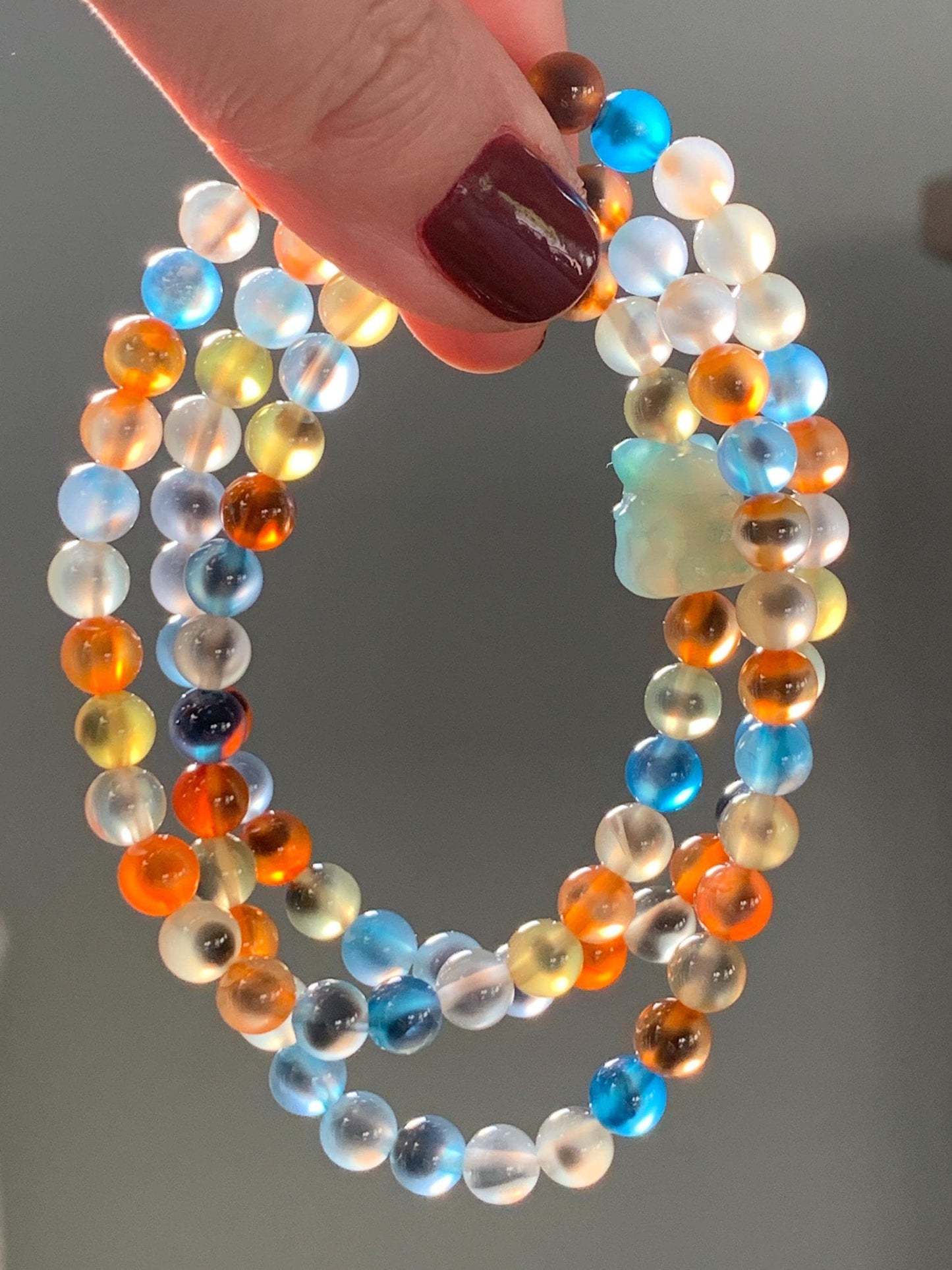 Certified Natural Multicolored Sugar Heart Candy Agate Beads Nine-Tailed Fox Agate Charm Layered Beaded Bracelet 5.8mm 22” 天然多宝糖心玛瑙圆珠九尾狐手串