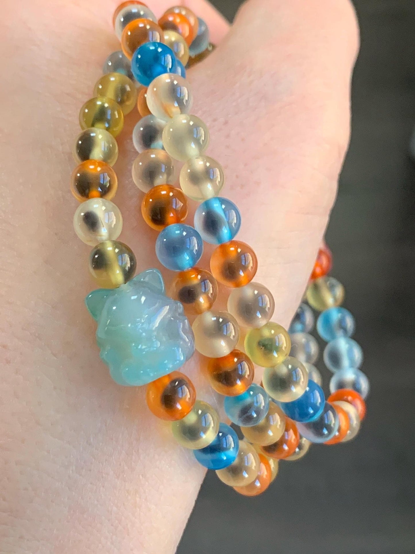 Certified Natural Multicolored Sugar Heart Candy Agate Beads Nine-Tailed Fox Agate Charm Layered Beaded Bracelet 5.8mm 22” 天然多宝糖心玛瑙圆珠九尾狐手串