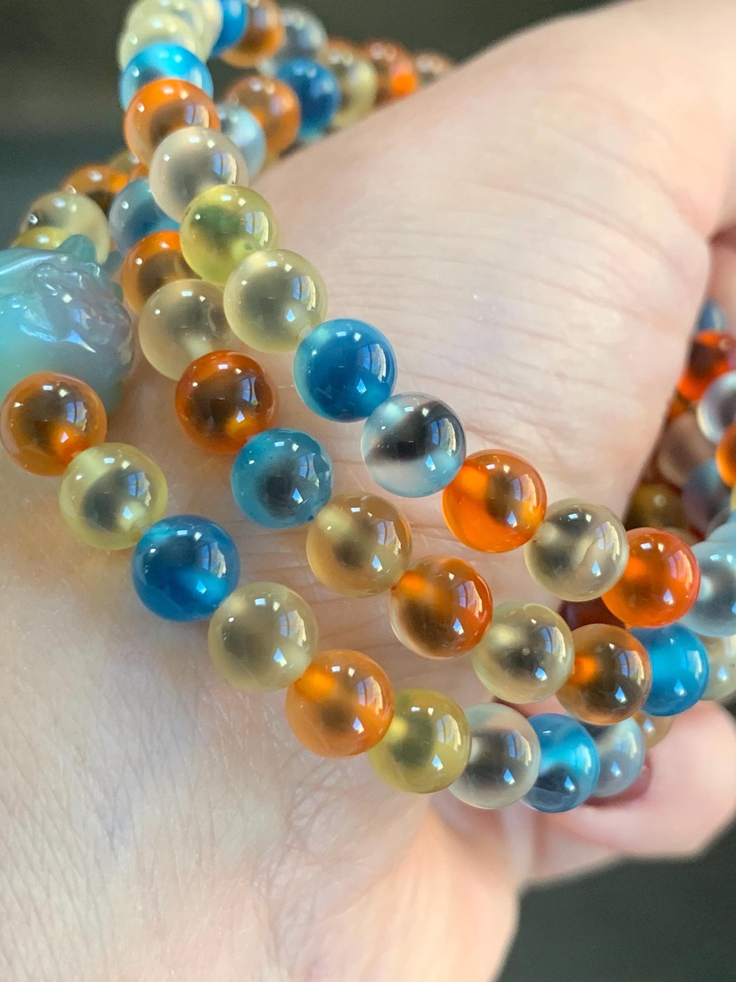 Certified Natural Multicolored Sugar Heart Candy Agate Beads Nine-Tailed Fox Agate Charm Layered Beaded Bracelet 5.8mm 22” 天然多宝糖心玛瑙圆珠九尾狐手串