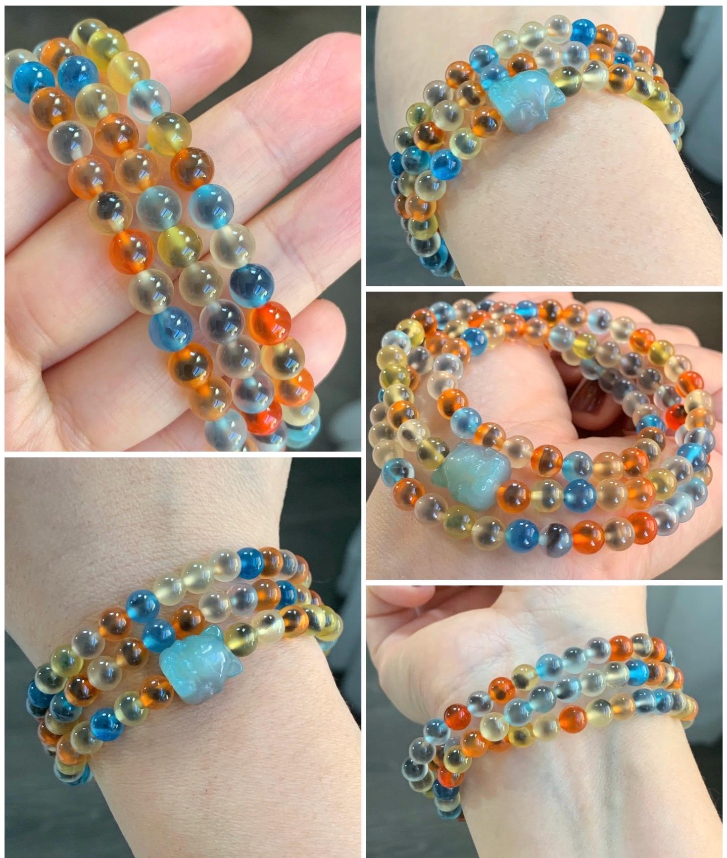 Certified Natural Multicolored Sugar Heart Candy Agate Beads Nine-Tailed Fox Agate Charm Layered Beaded Bracelet 5.8mm 22” 天然多宝糖心玛瑙圆珠九尾狐手串