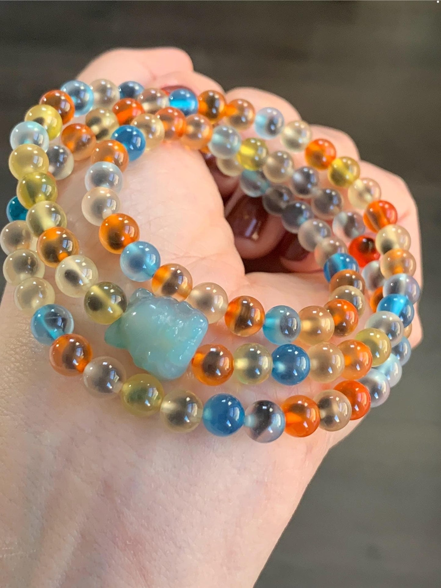 Certified Natural Multicolored Sugar Heart Candy Agate Beads Nine-Tailed Fox Agate Charm Layered Beaded Bracelet 5.8mm 22” 天然多宝糖心玛瑙圆珠九尾狐手串