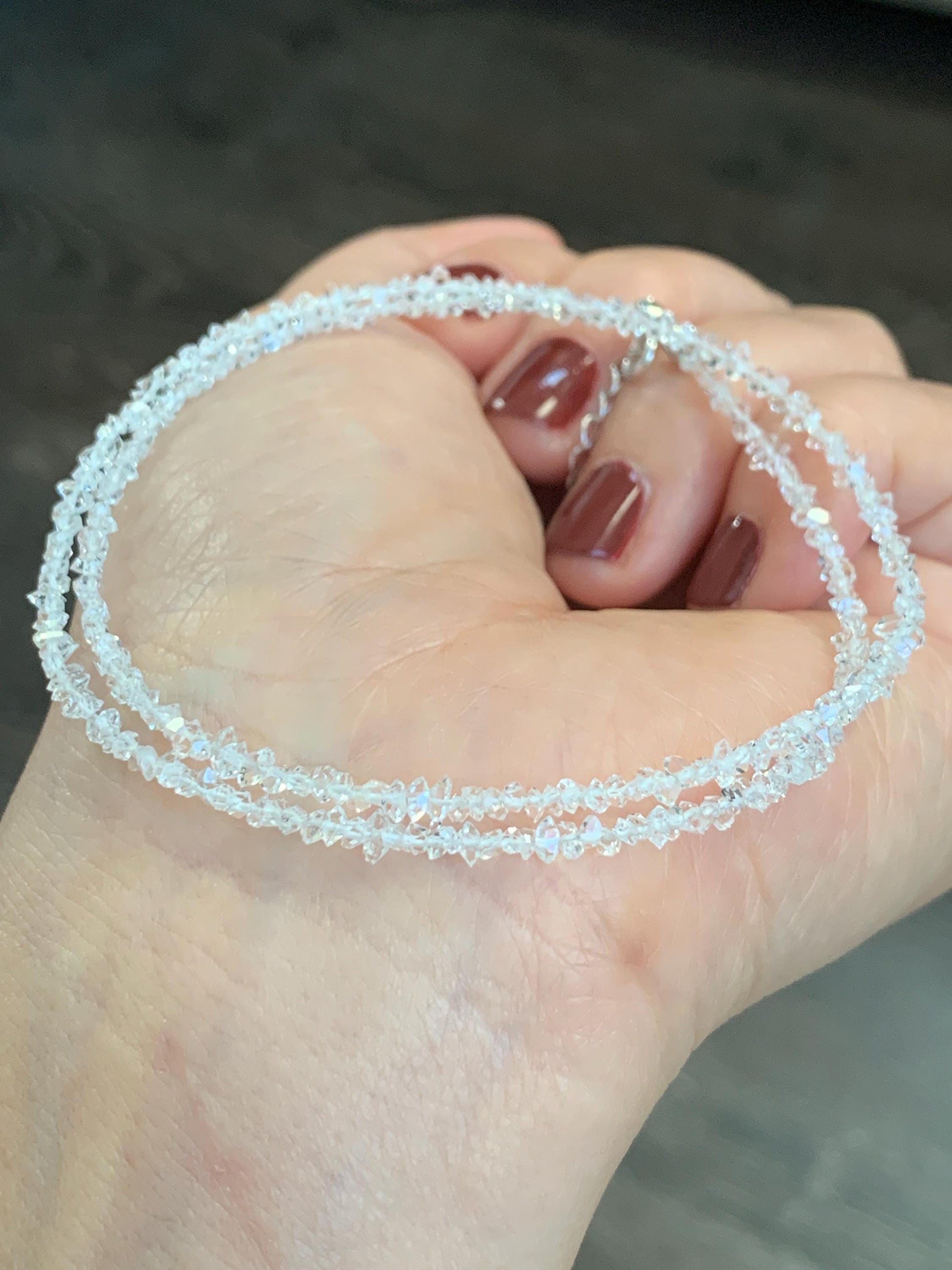 Certified Natural White Quartz Chips Beaded Necklace Sterling Silver Clasp 2.6mm 16.5”-17.25” 3.16g 天然白水晶碎碎项链