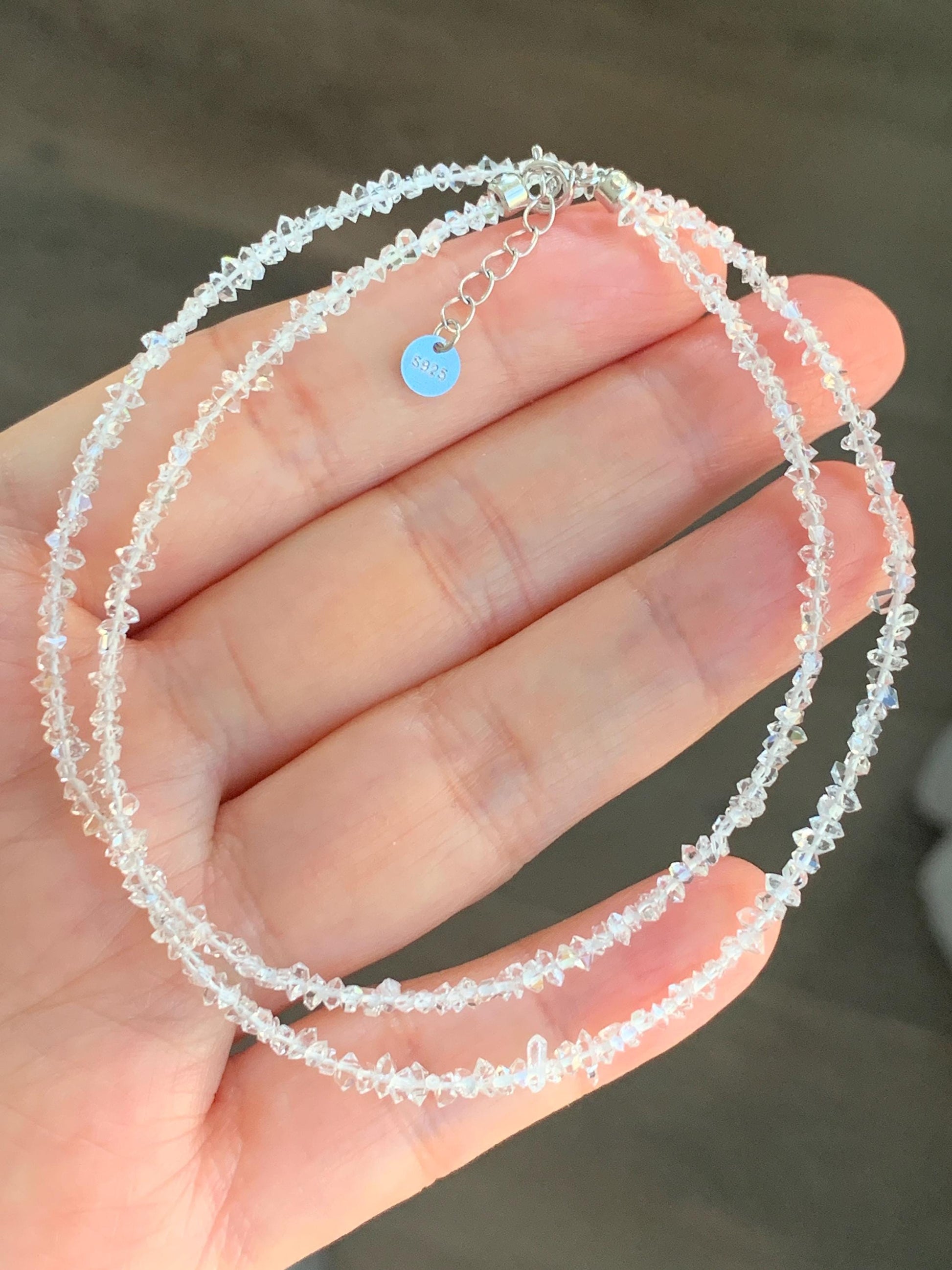 Certified Natural White Quartz Chips Beaded Necklace Sterling Silver Clasp 2.6mm 16.5”-17.25” 3.16g 天然白水晶碎碎项链