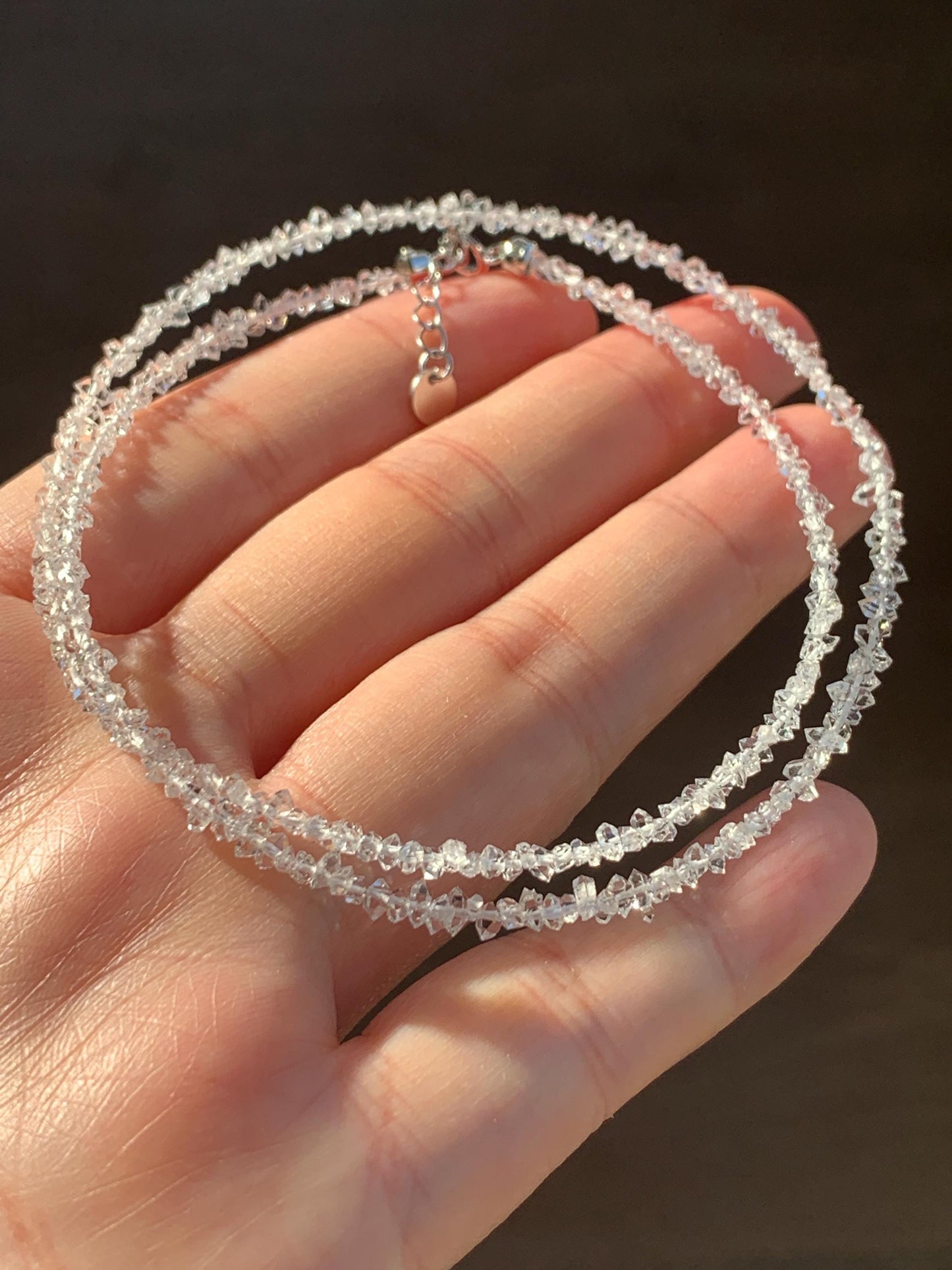 Certified Natural White Quartz Chips Beaded Necklace Sterling Silver Clasp 2.6mm 16.5”-17.25” 3.16g 天然白水晶碎碎项链