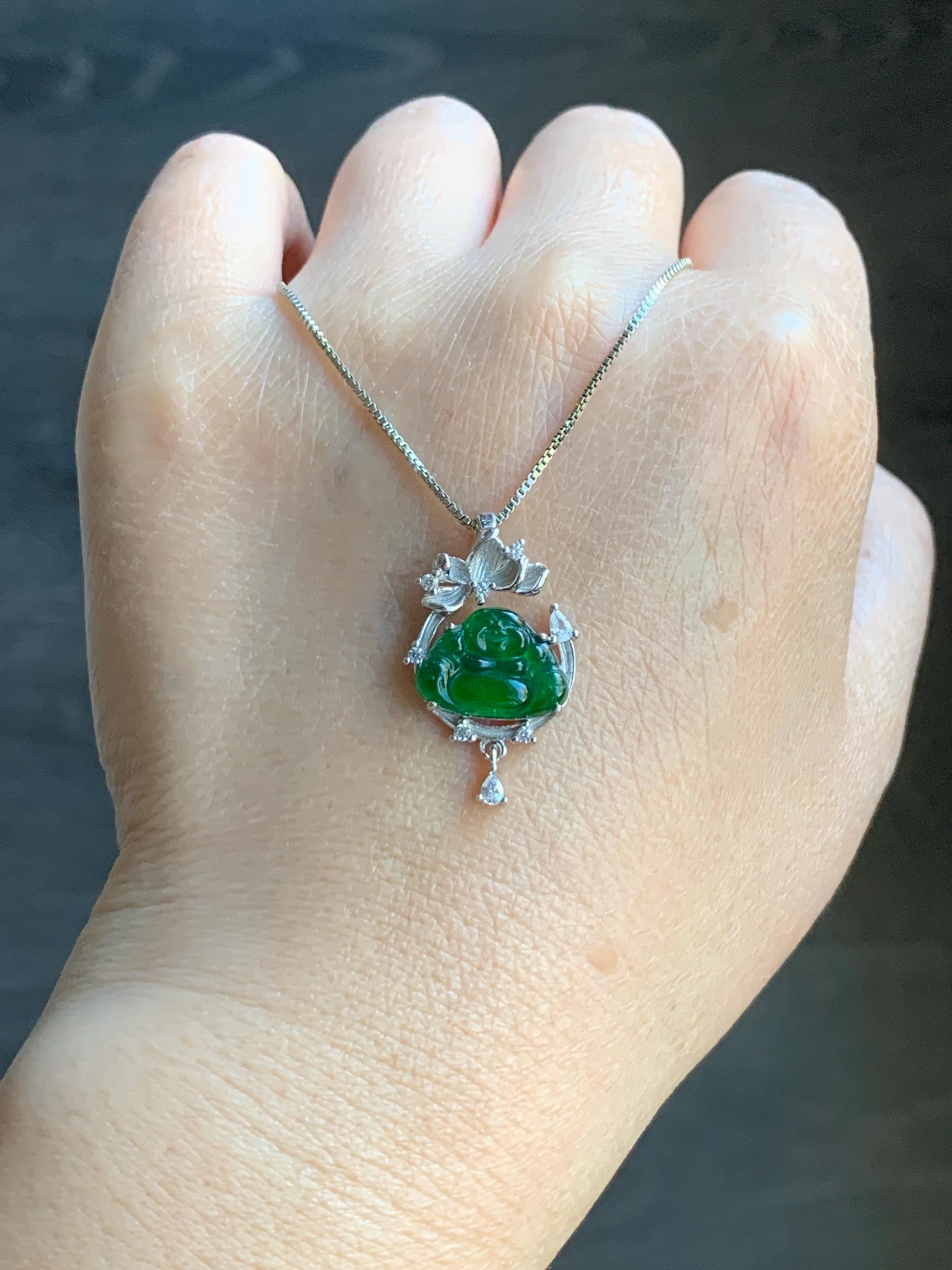 Petite Natural Guatemalan Icy Translucent Vibrant Green Jadeite Carved Buddha Pendant Sterling Silver 天然冰危绿翡翠佛公镶嵌吊坠 LFG910