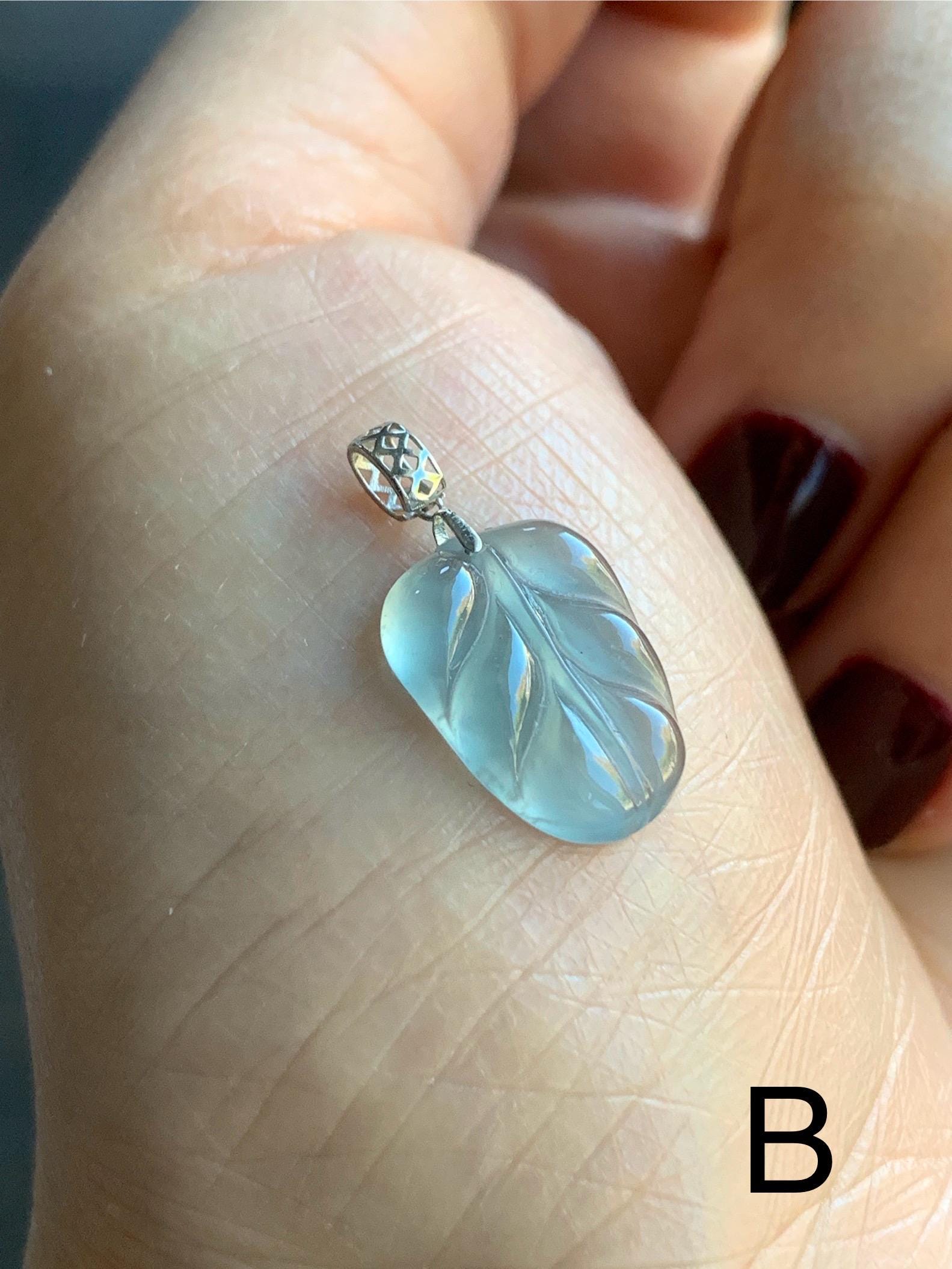 Petite Natural Guatemalan Premium Icy Highly Translucent Pale Blue Jadeite Leaf Pendant 18K White Gold 天然老种高冰危淡蓝翡翠叶子大业有成镶嵌吊坠 YDY712