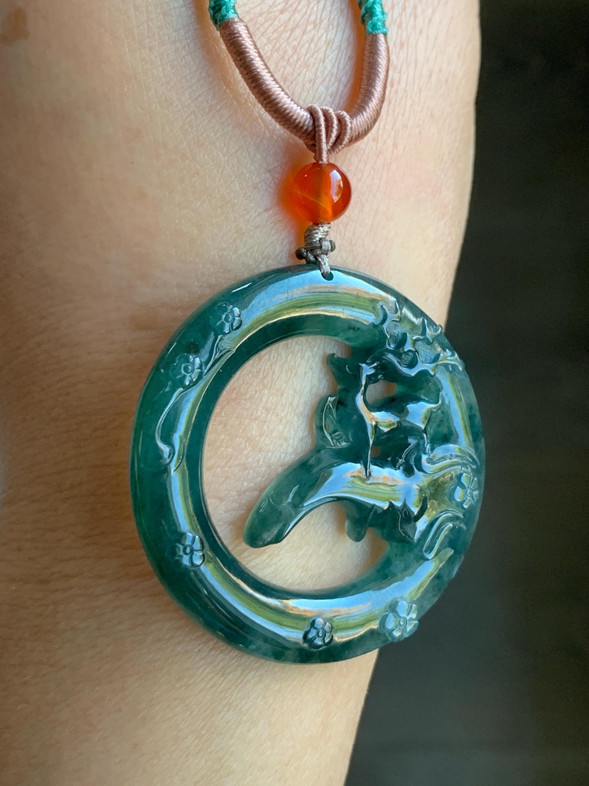 Natural Guatemalan Icy Translucent Dark Teal Blue Jadeite Engraved Deer Pendant Rope Necklace Adjustable 26” 15g 天然危深蓝水飘花翡翠梅花鹿吊坠