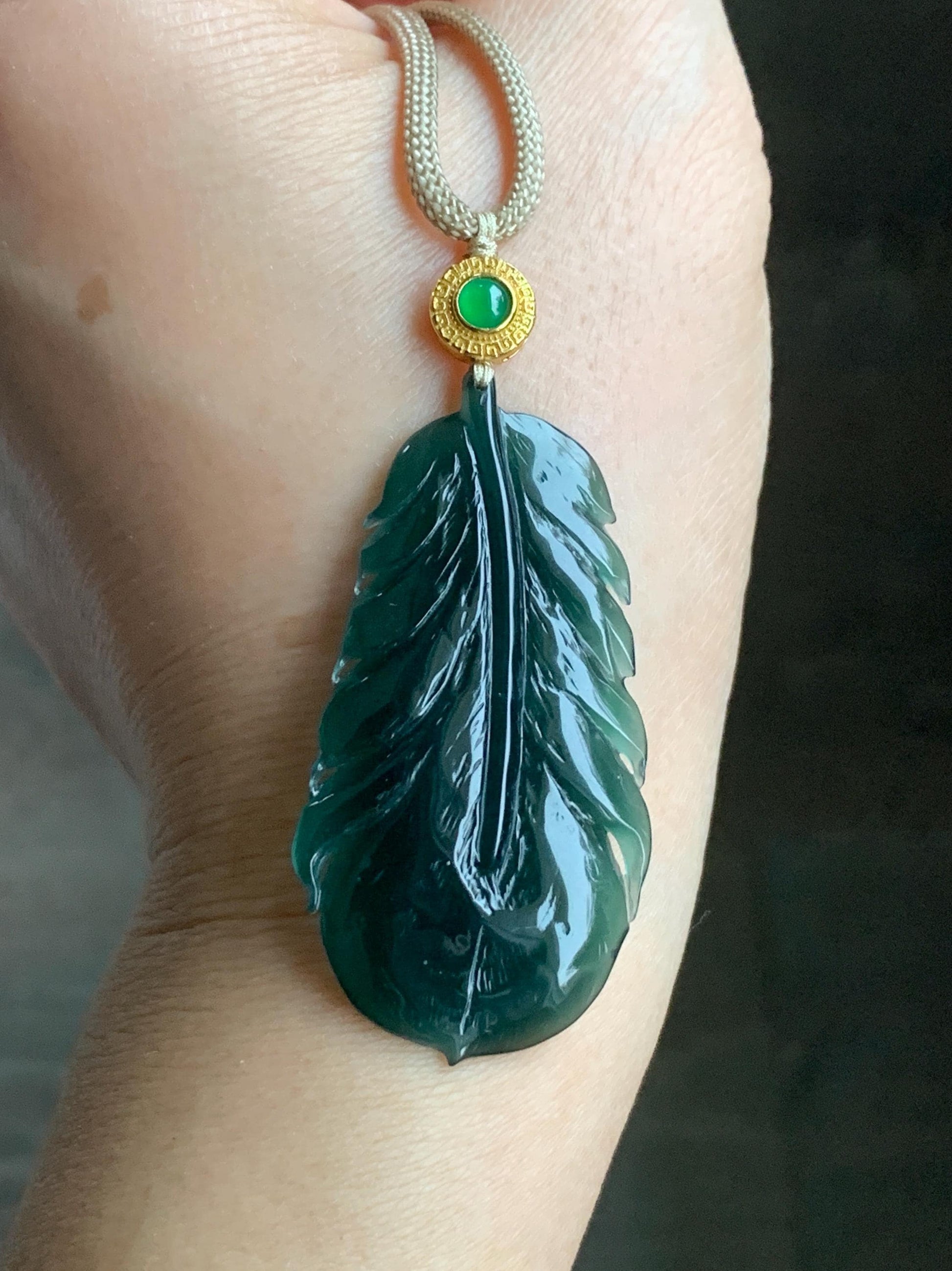 Natural Guatemalan Icy Translucent Gelatinous Deep Teal Green Jadeite Feather Pendant Rope Necklace 25" 10g Sterling Silver 天然冰胶危湖水绿翡翠羽毛吊坠