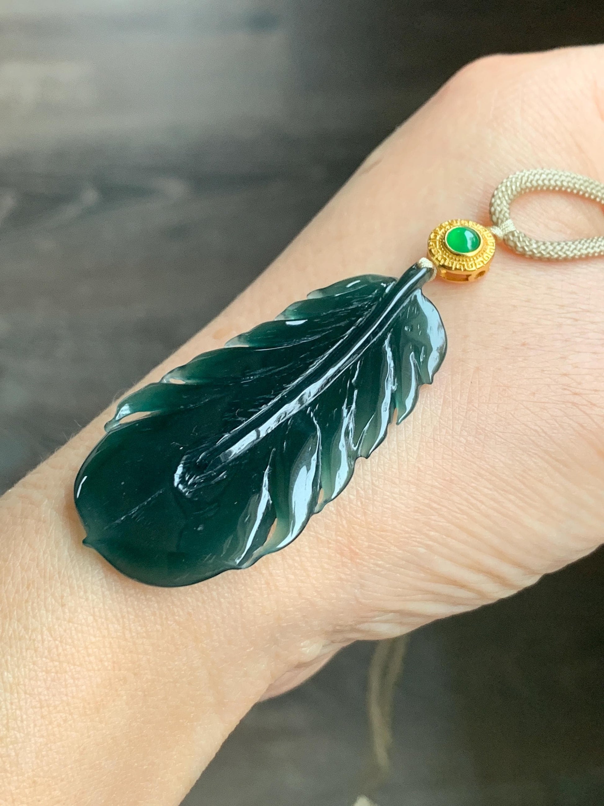 Natural Guatemalan Icy Translucent Gelatinous Deep Teal Green Jadeite Feather Pendant Rope Necklace 25" 10g Sterling Silver 天然冰胶危湖水绿翡翠羽毛吊坠