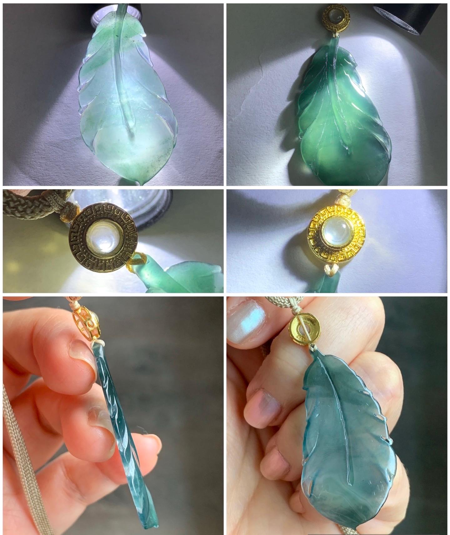 Natural Guatemalan Icy Translucent Gelatinous Deep Teal Green Jadeite Feather Pendant Rope Necklace 25" 10g Sterling Silver 天然冰胶危湖水绿翡翠羽毛吊坠