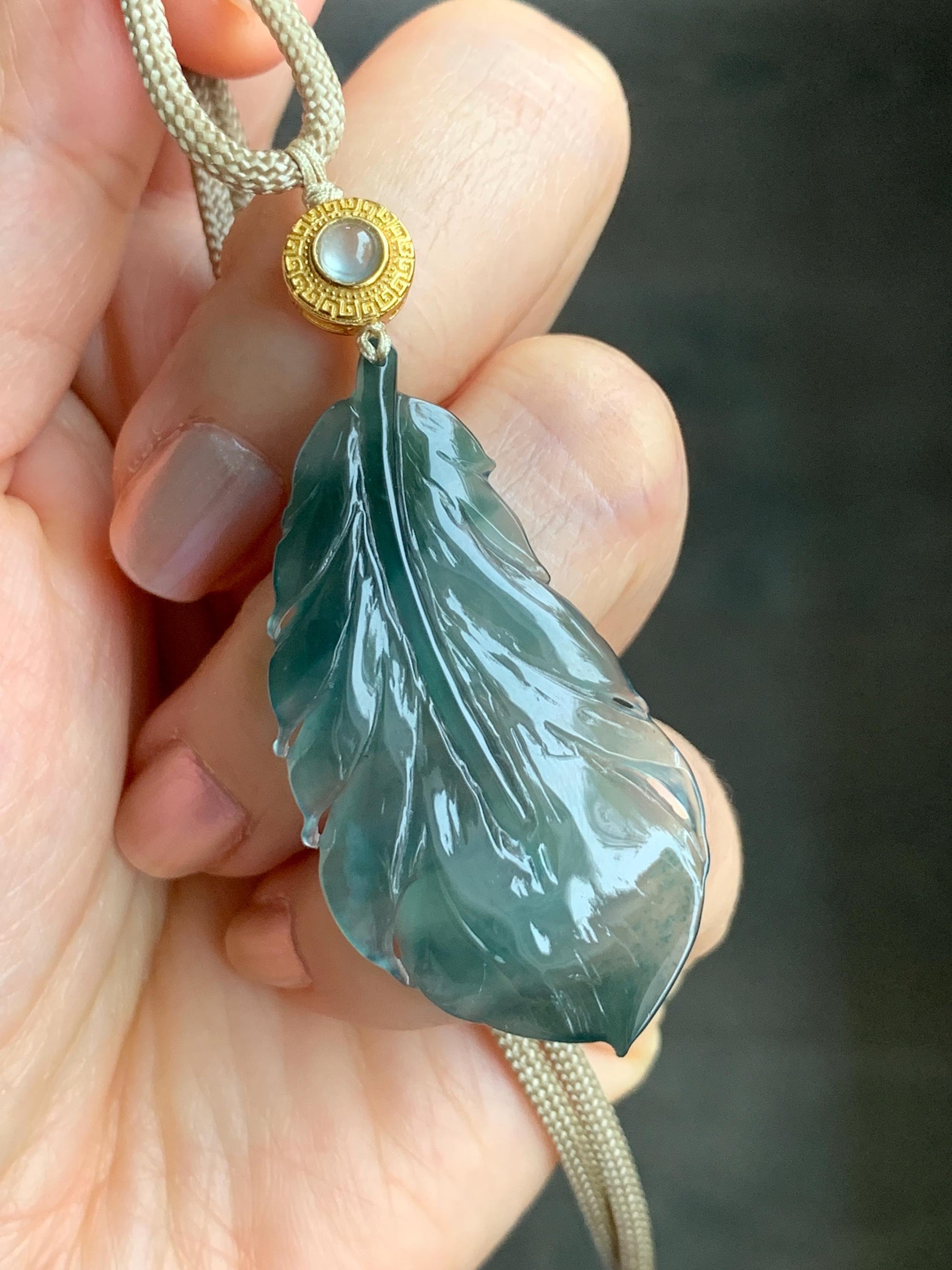 Natural Guatemalan Icy Translucent Gelatinous Deep Teal Green Jadeite Feather Pendant Rope Necklace 25" 10g Sterling Silver 天然冰胶危湖水绿翡翠羽毛吊坠