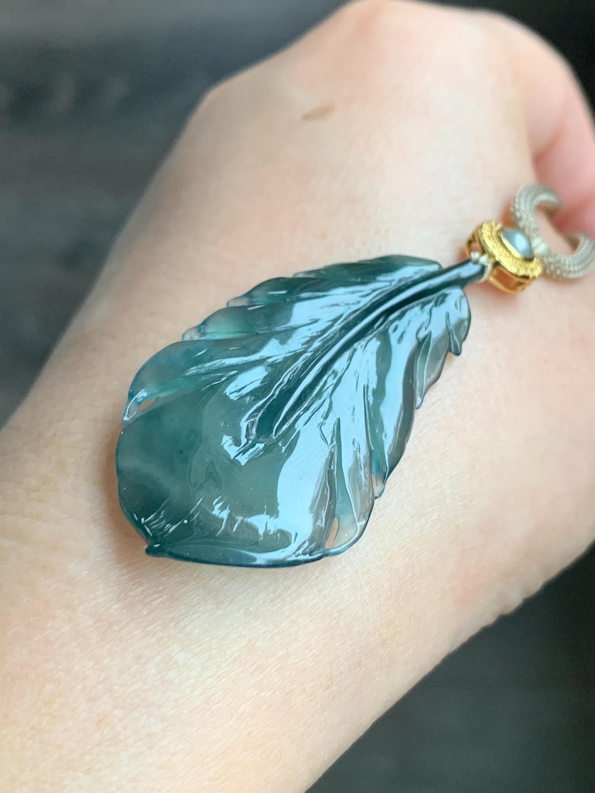 Natural Guatemalan Icy Translucent Gelatinous Deep Teal Green Jadeite Feather Pendant Rope Necklace 25" 10g Sterling Silver 天然冰胶危湖水绿翡翠羽毛吊坠