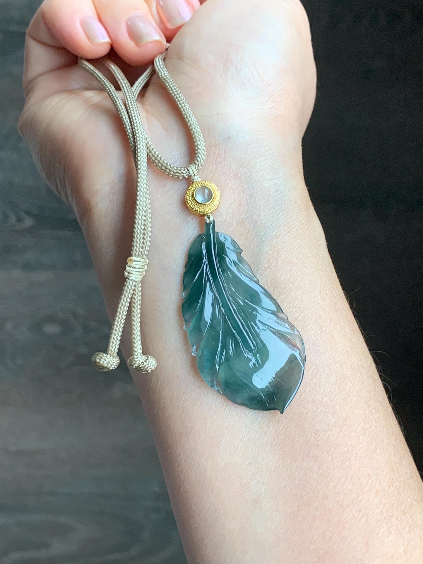 Natural Guatemalan Icy Translucent Gelatinous Deep Teal Green Jadeite Feather Pendant Rope Necklace 25" 10g Sterling Silver 天然冰胶危湖水绿翡翠羽毛吊坠