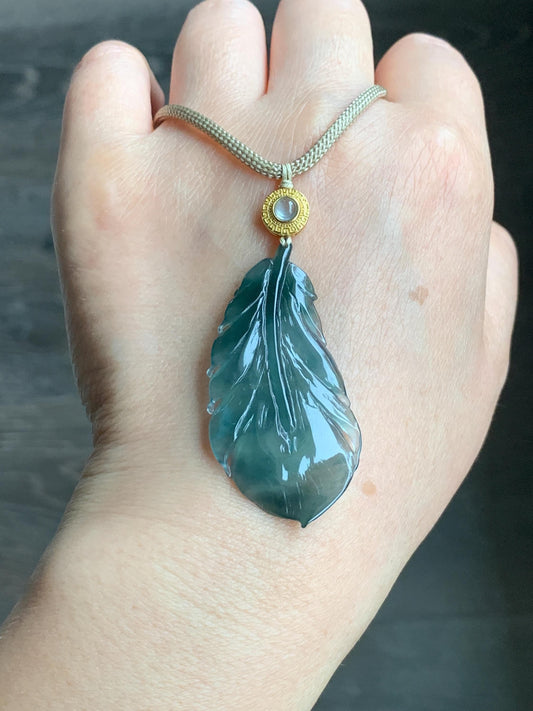 Natural Guatemalan Icy Translucent Gelatinous Deep Teal Green Jadeite Feather Pendant Rope Necklace 25" 10g Sterling Silver 天然冰胶危湖水绿翡翠羽毛吊坠