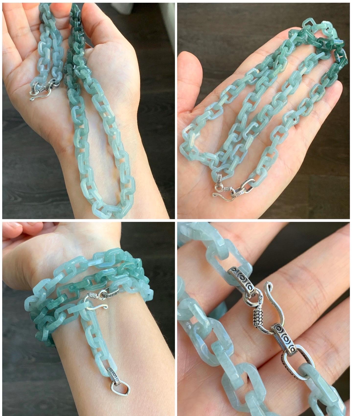 Certified Natural Guatemalan Icy Translucent Gradient Teal Blue Jadeite Interlocking Link Necklace Sterling Silver Closure 天然冰危渐变蓝翡翠环环相扣项链