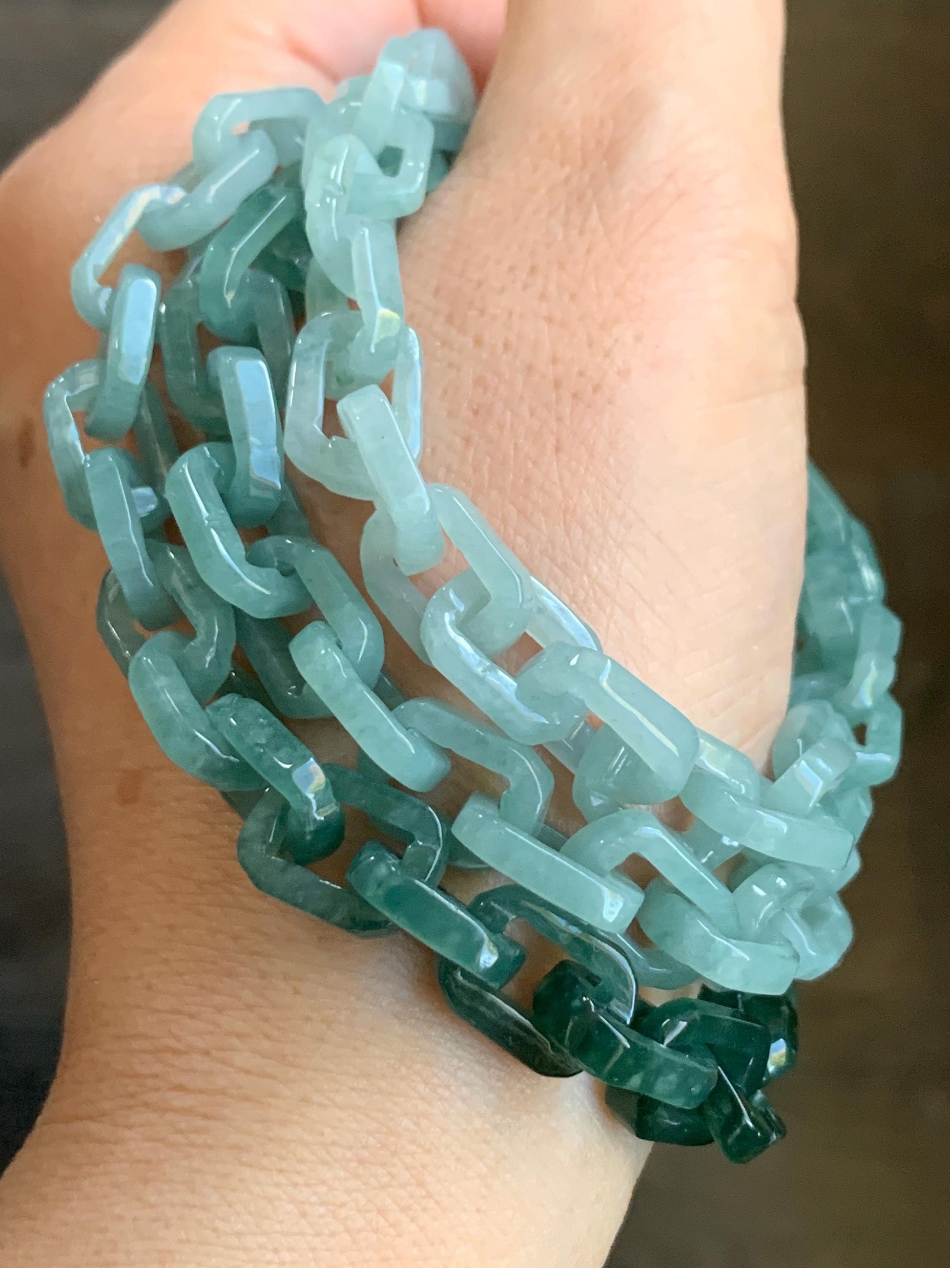 Certified Natural Guatemalan Icy Translucent Gradient Teal Blue Jadeite Interlocking Link Necklace Sterling Silver Closure 天然冰危渐变蓝翡翠环环相扣项链
