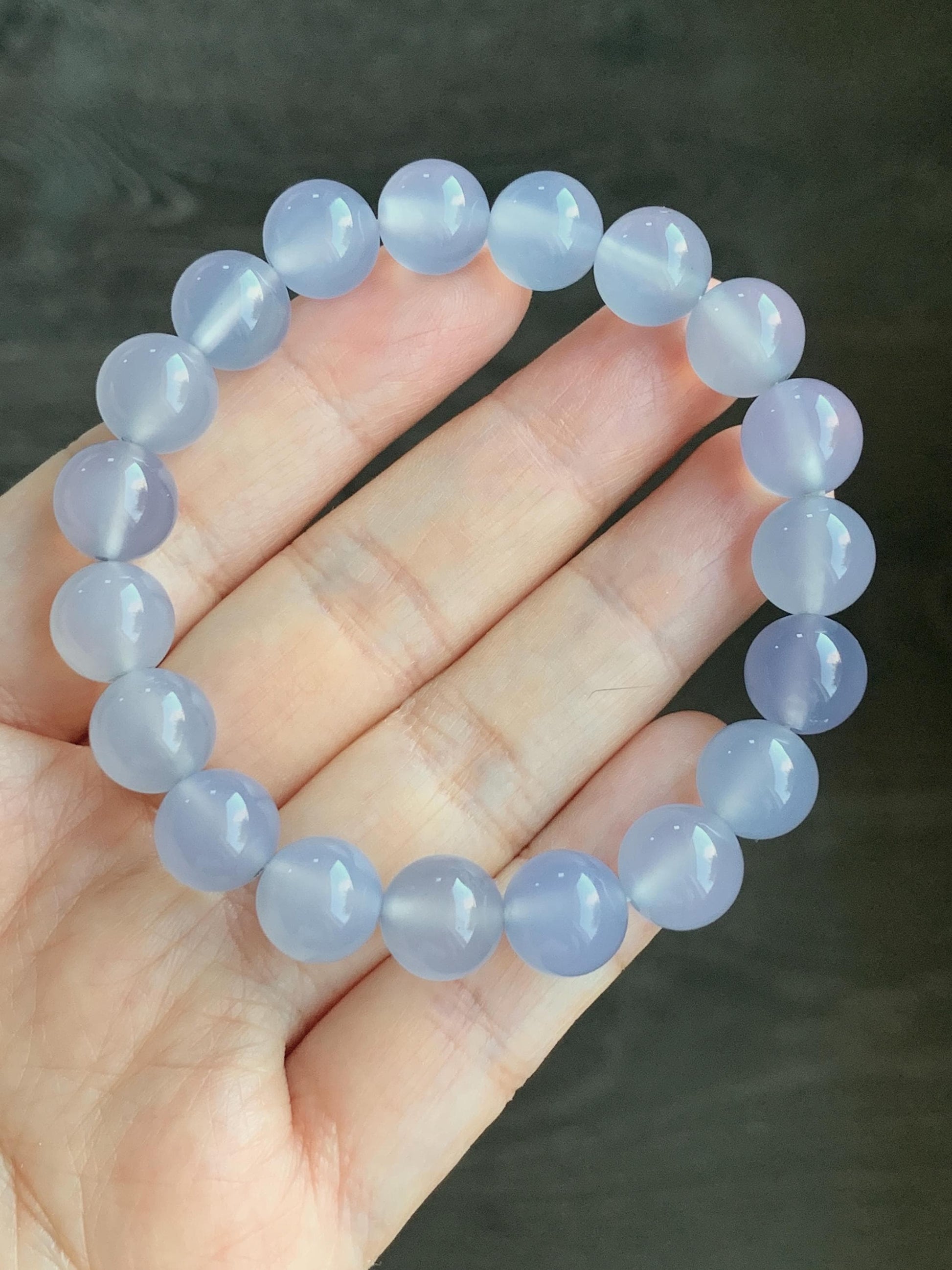 Natural Icy Highly Translucent Light Purplish Blue Agate Large Beads Beaded Bracelet 10mm 26g 7” 天然高冰品质淡蓝紫玛瑙圆珠手串
