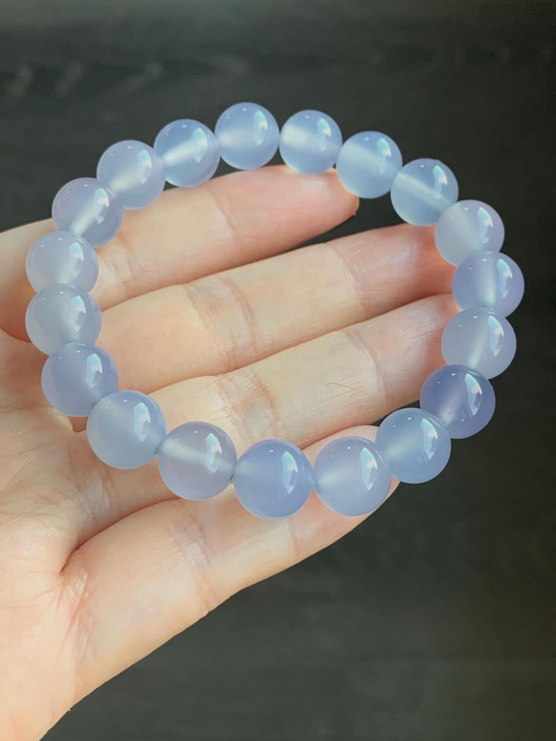 Natural Icy Highly Translucent Light Purplish Blue Agate Large Beads Beaded Bracelet 10mm 26g 7” 天然高冰品质淡蓝紫玛瑙圆珠手串