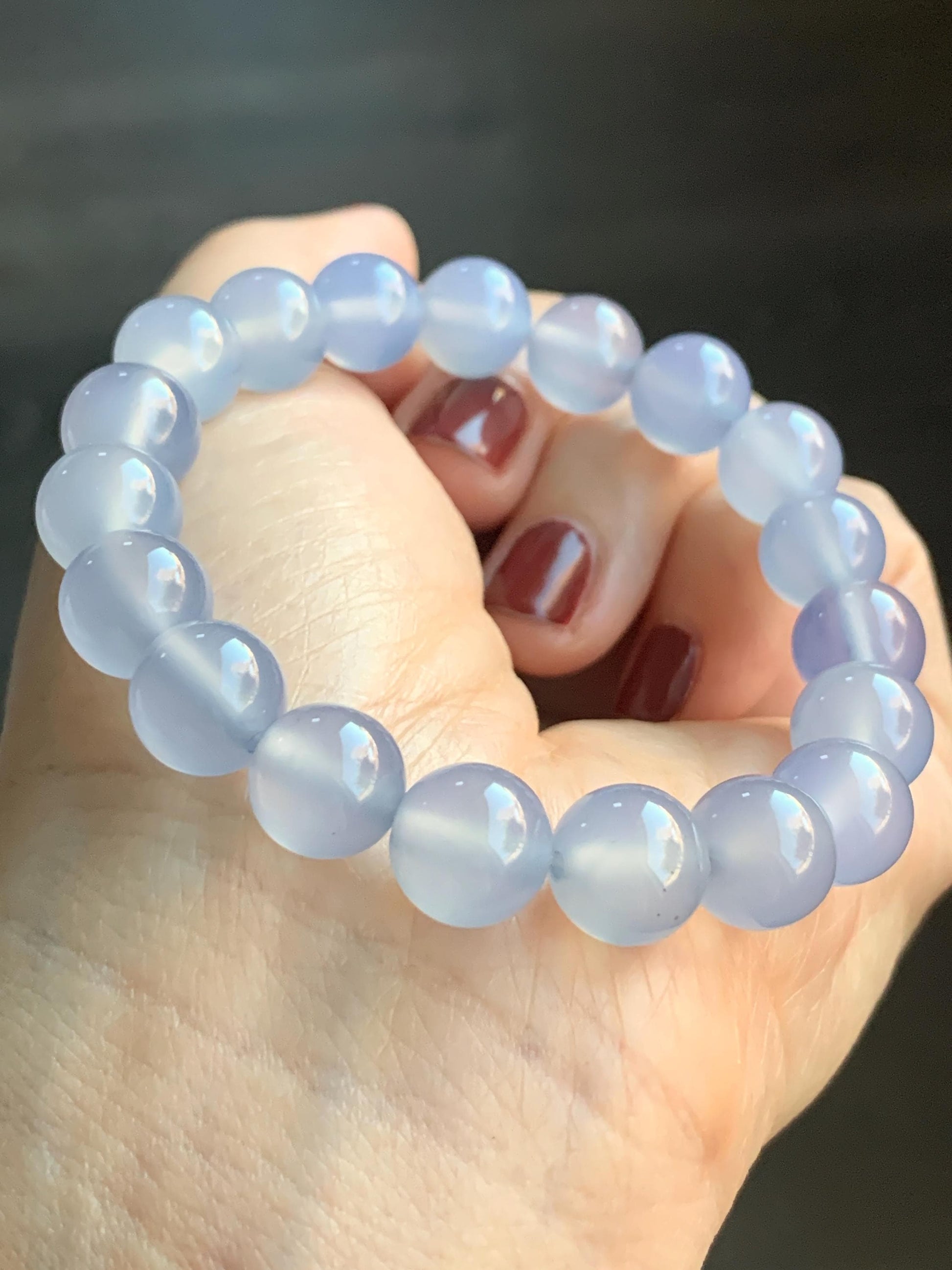 Natural Icy Highly Translucent Light Purplish Blue Agate Large Beads Beaded Bracelet 10mm 26g 7” 天然高冰品质淡蓝紫玛瑙圆珠手串
