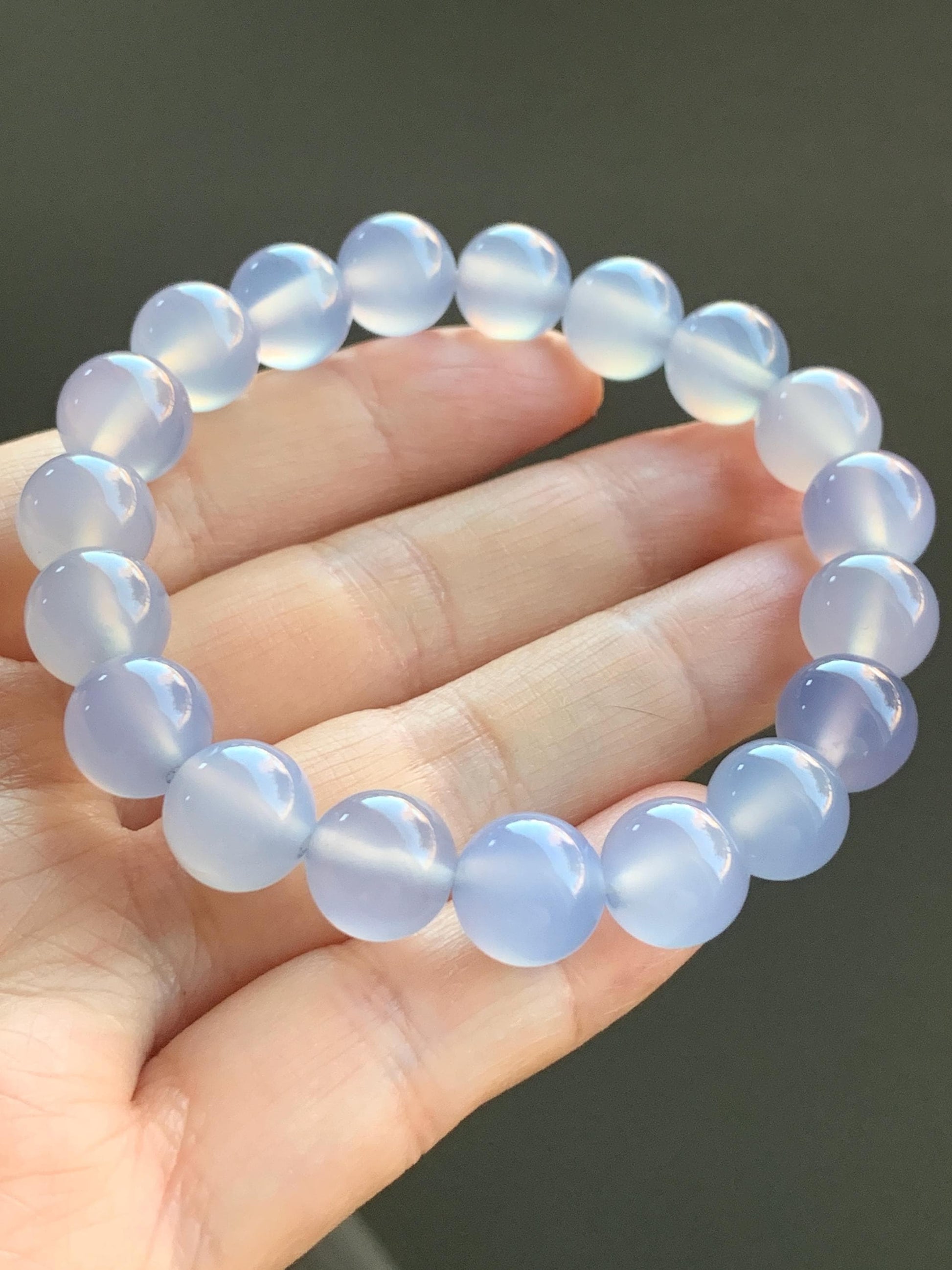 Natural Icy Highly Translucent Light Purplish Blue Agate Large Beads Beaded Bracelet 10mm 26g 7” 天然高冰品质淡蓝紫玛瑙圆珠手串