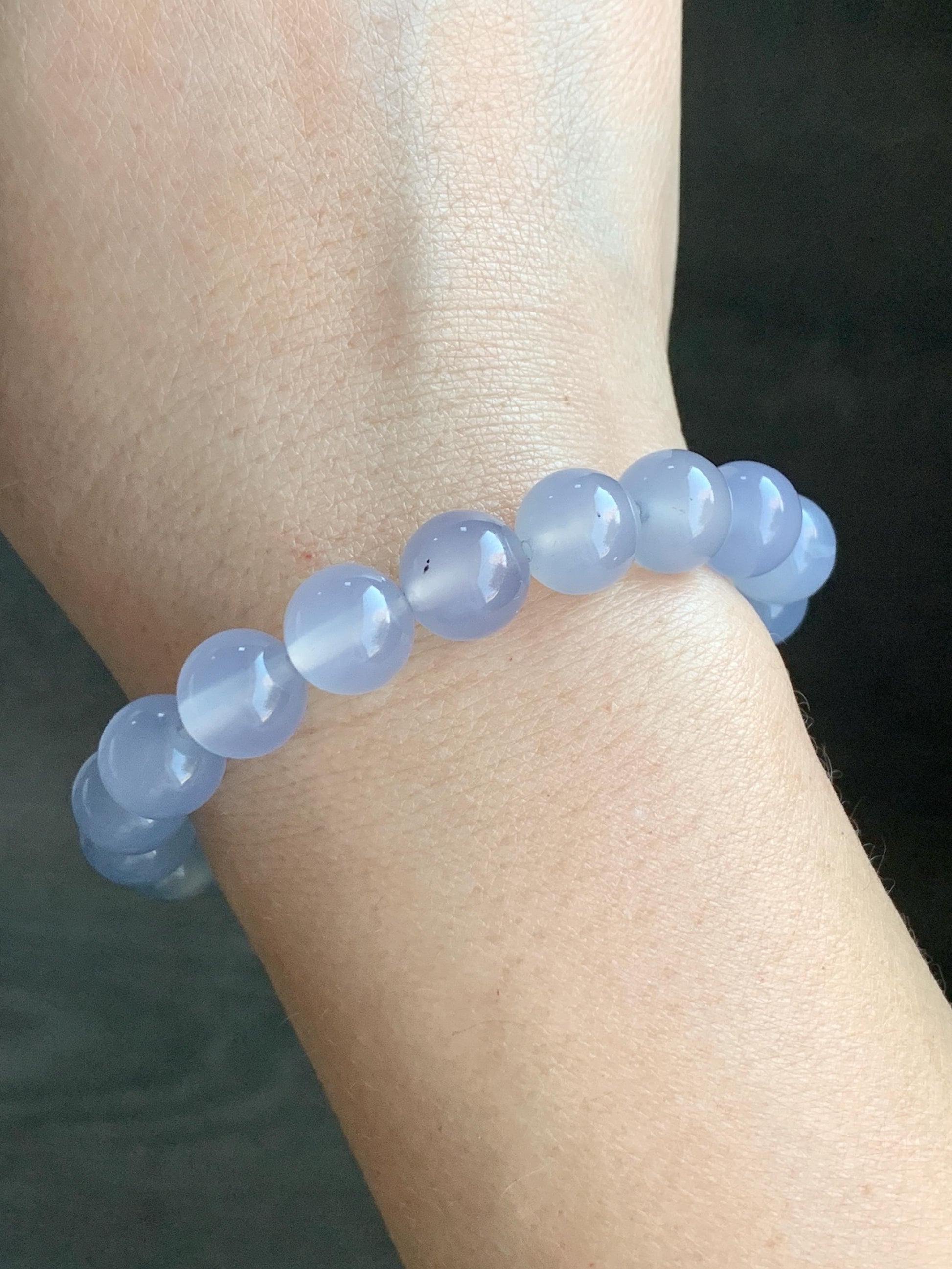 Natural Icy Highly Translucent Light Purplish Blue Agate Large Beads Beaded Bracelet 10mm 26g 7” 天然高冰品质淡蓝紫玛瑙圆珠手串