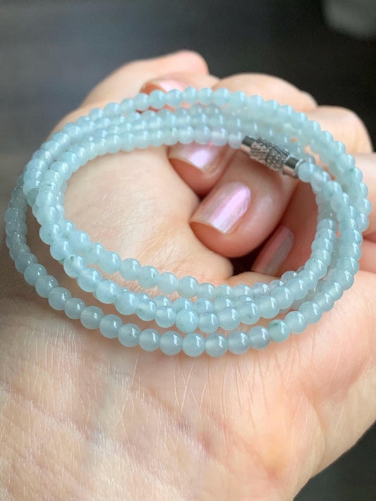Natural Guatemalan Icy Translucent Gelatinous Pale Blue Jadeite Petite Beads Beaded Necklace 25” 3.3mm 13g 天然冰白危翡翠小卡珠项链 XWB100