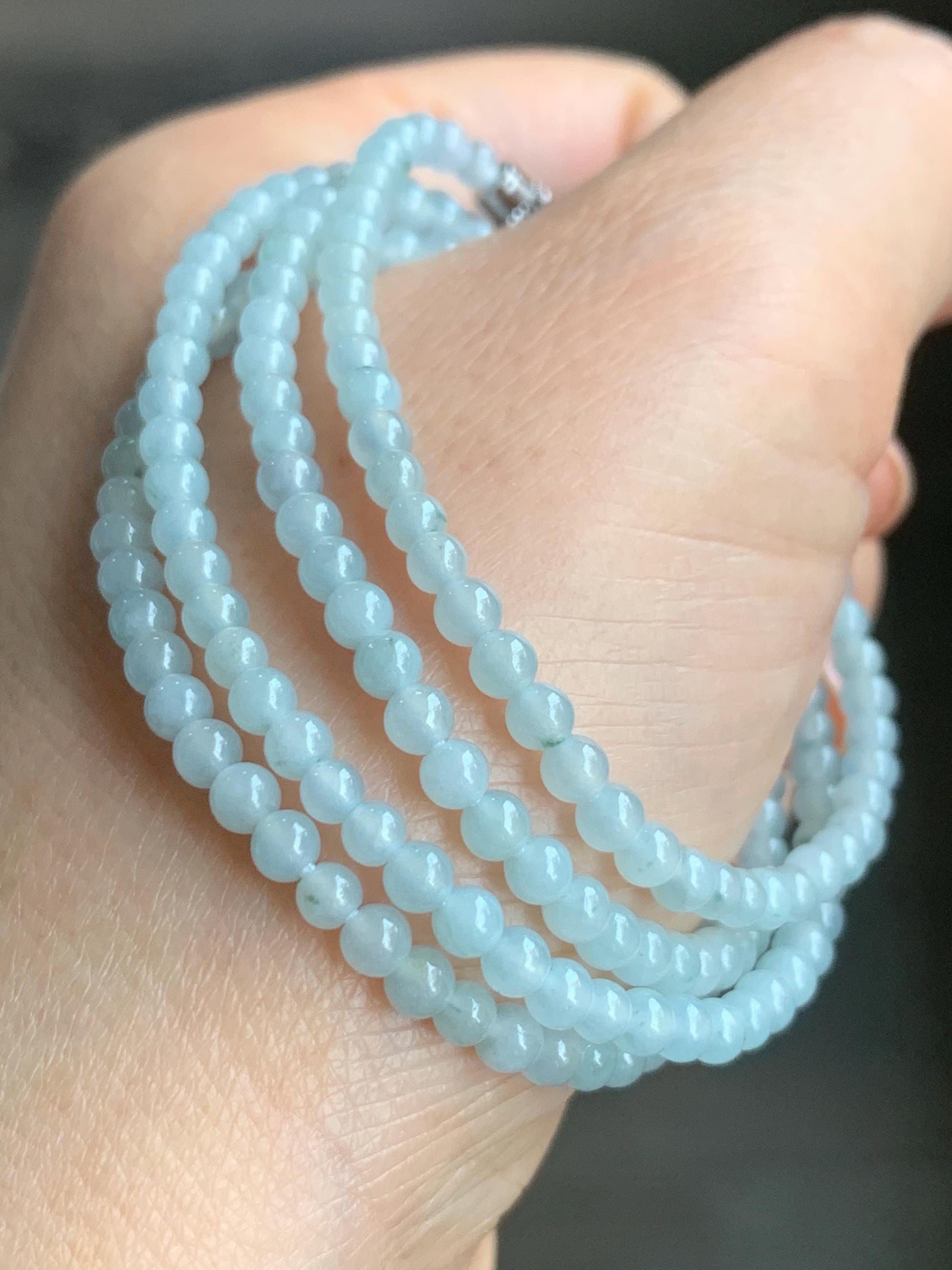 Natural Guatemalan Icy Translucent Gelatinous Pale Blue Jadeite Petite Beads Beaded Necklace 25” 3.3mm 13g 天然冰白危翡翠小卡珠项链 XWB100