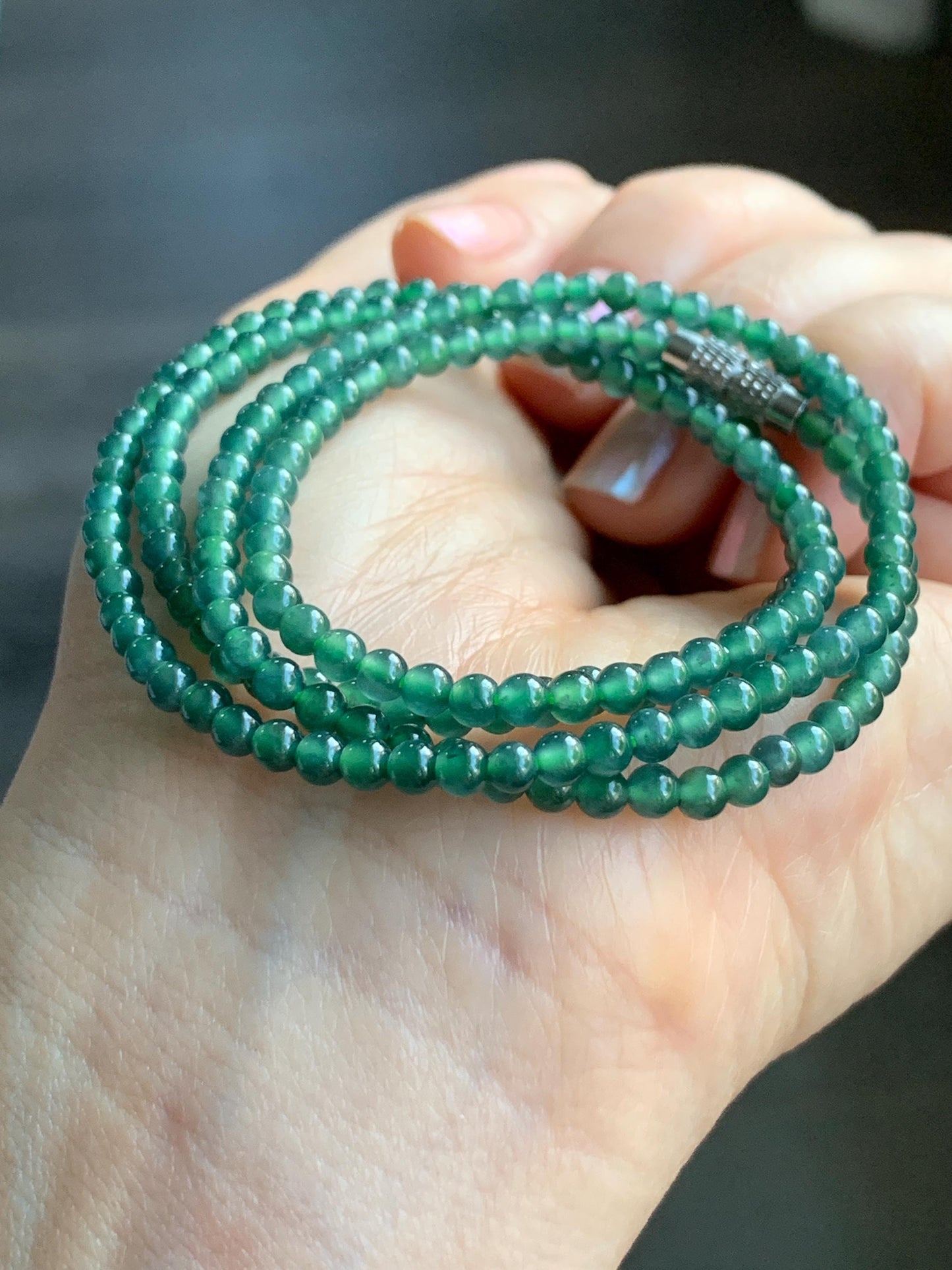 Natural Guatemalan Icy Translucent Gelatinous Dusty Teal Blue Jadeite Petite Beads Beaded Necklace 24.5” 3.4mm 13g 天然冰危蓝绿翡翠小卡珠项链 XWL100