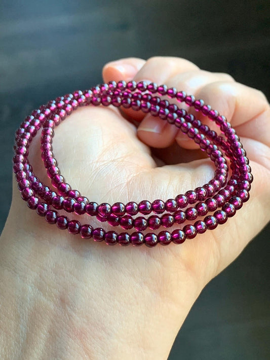 Certified Natural Icy Highly Translucent Deep Raspberry Purple Rhodolite Garnet Beads Layered Beaded Bracelets 3.5mm 天然冰透起光紫牙乌石榴石手串 4178