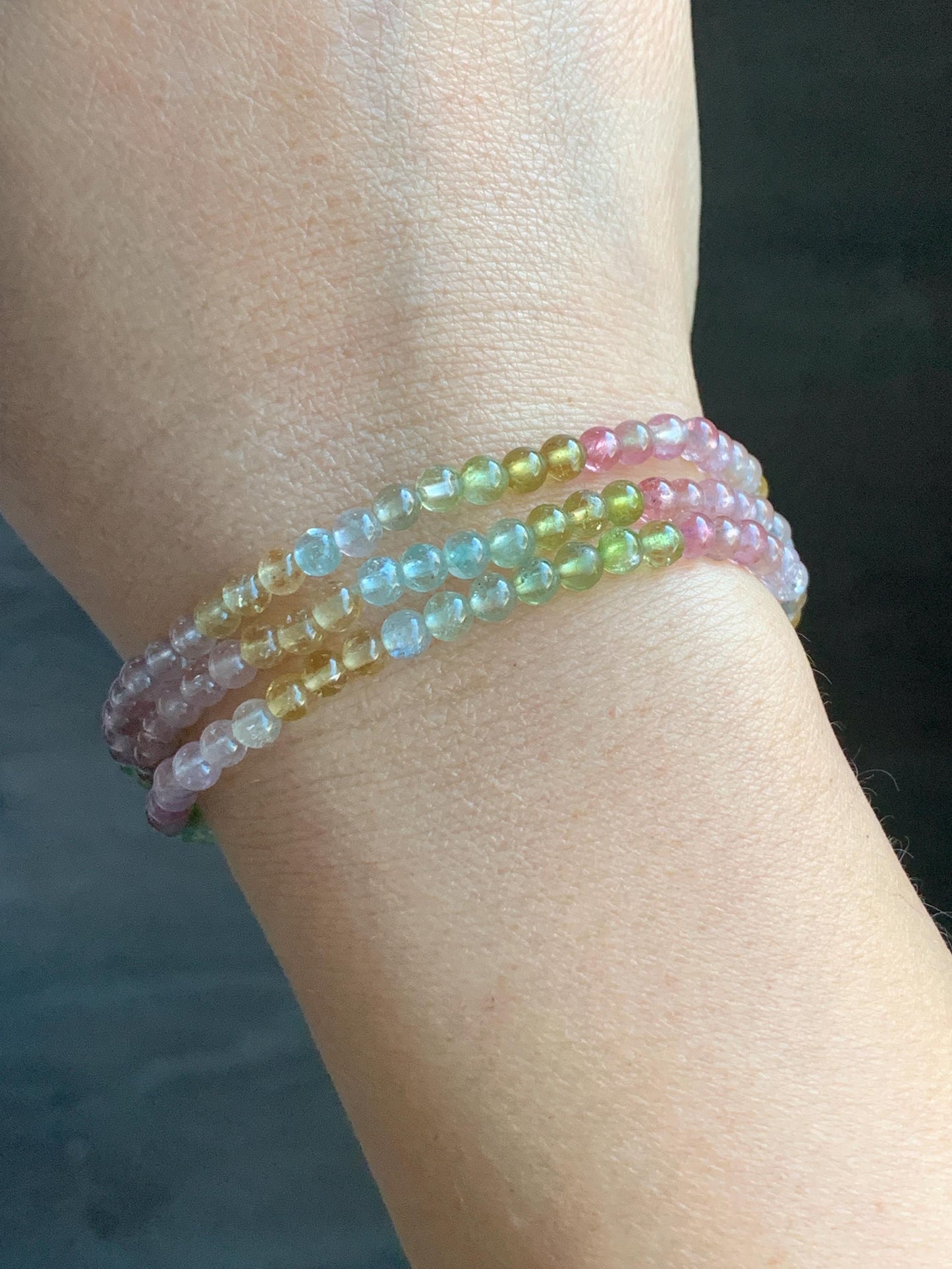 Certified Natural Icy Transparent Macaron Palette Gradient Tourmaline Triple Layered Beaded Bracelets 3.8mm 6.75” 12g 天然起光马卡龙渐变色碧玺手串 8196
