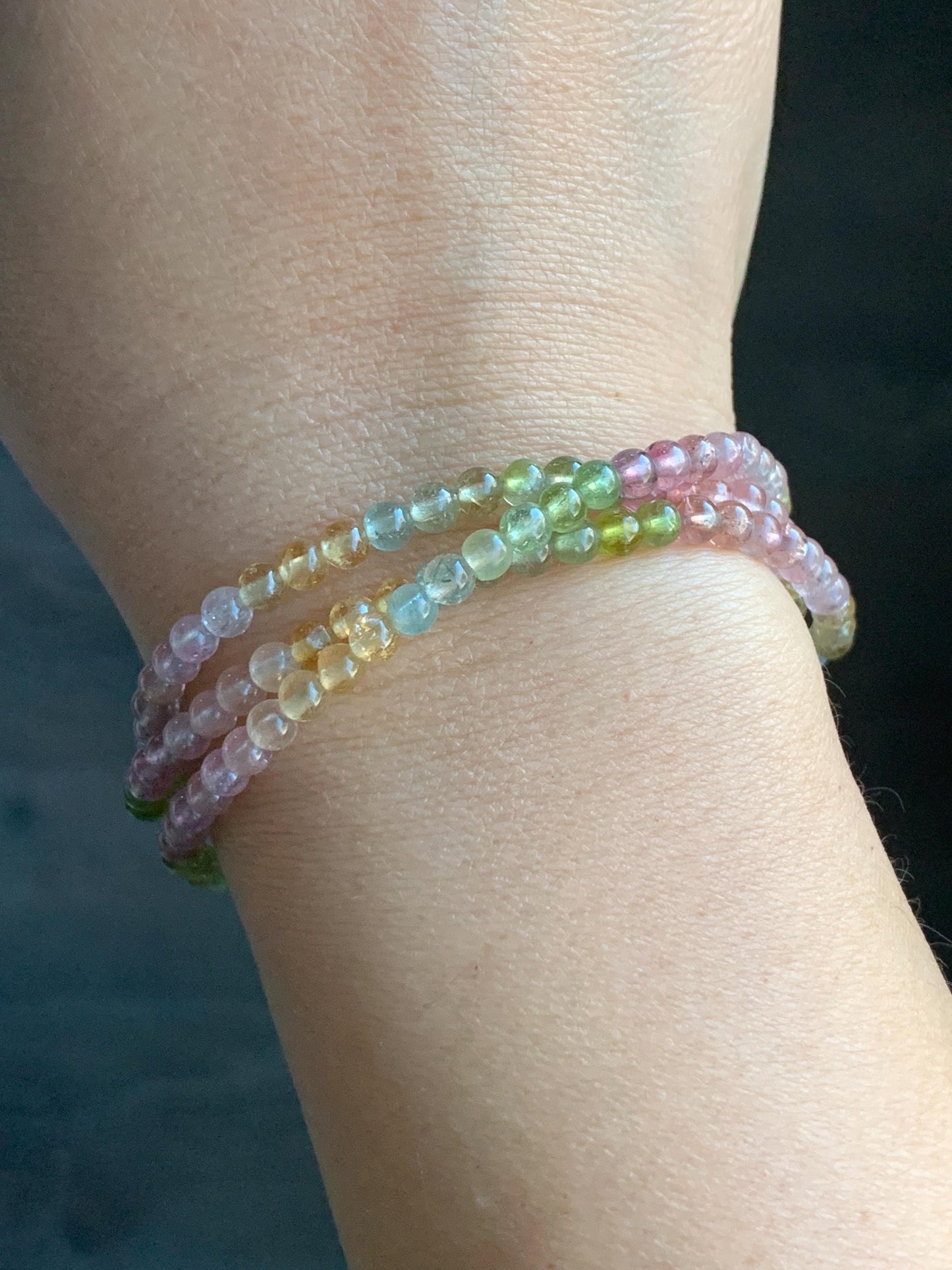 Certified Natural Icy Transparent Macaron Palette Gradient Tourmaline Triple Layered Beaded Bracelets 3.8mm 6.75” 12g 天然起光马卡龙渐变色碧玺手串 8196