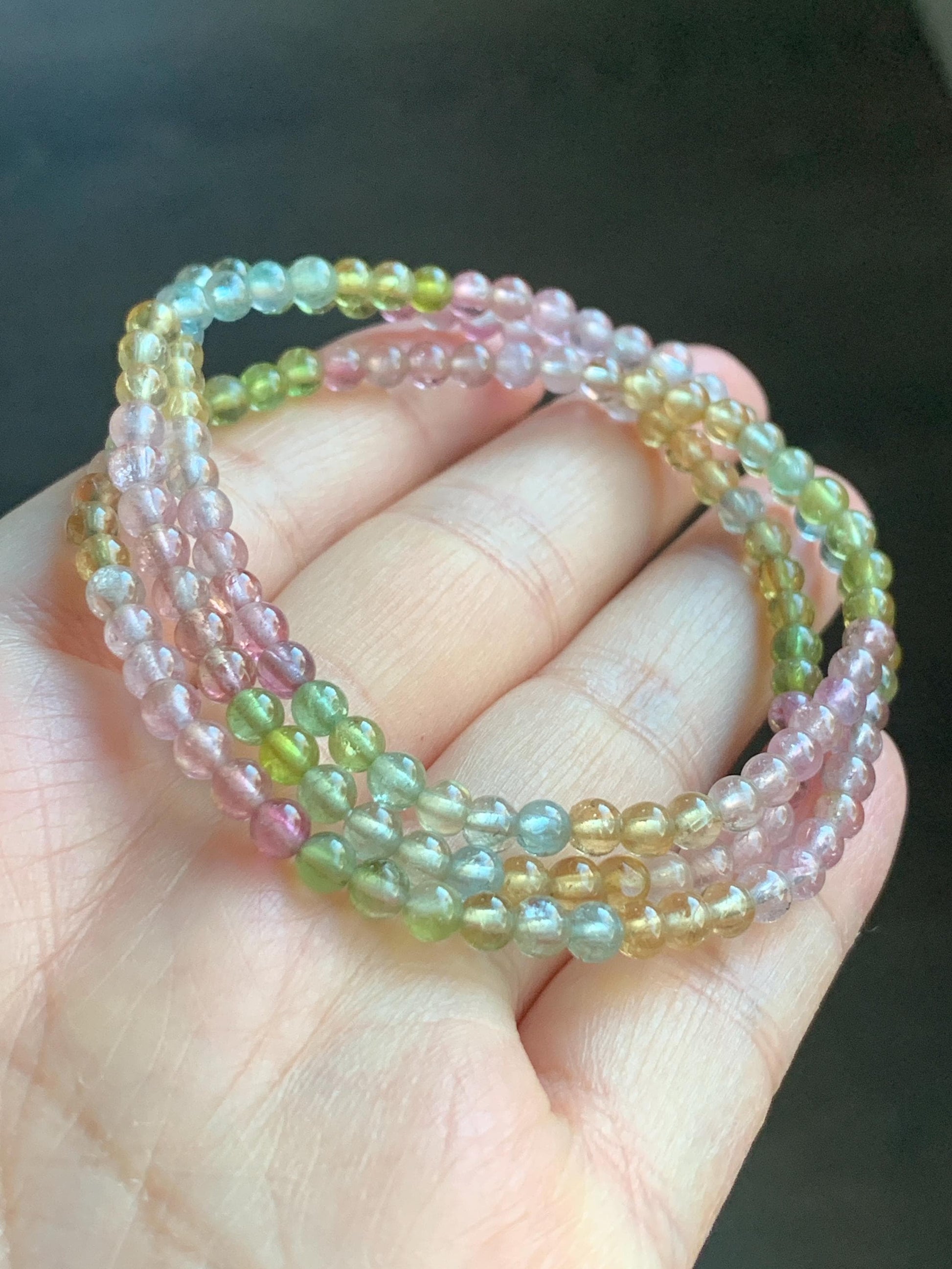 Certified Natural Icy Transparent Macaron Palette Gradient Tourmaline Triple Layered Beaded Bracelets 3.8mm 6.75” 12g 天然起光马卡龙渐变色碧玺手串 8196