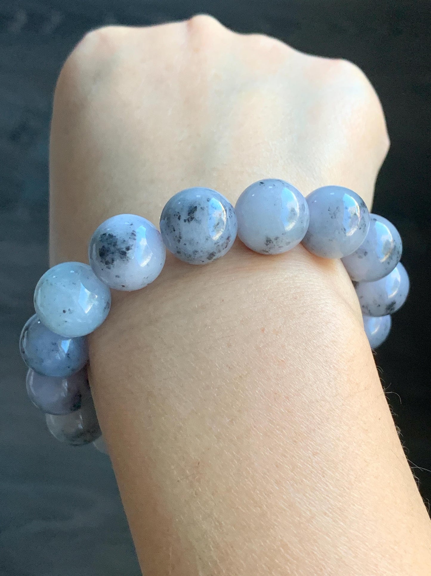 Certified Natural Burmese Icy Translucent Wuji Marbled Jadeite Beaded Bracelet 13.5mm 8” 69.7g 天然缅甸大卡乌鸡芝麻糊翡翠手串 4101