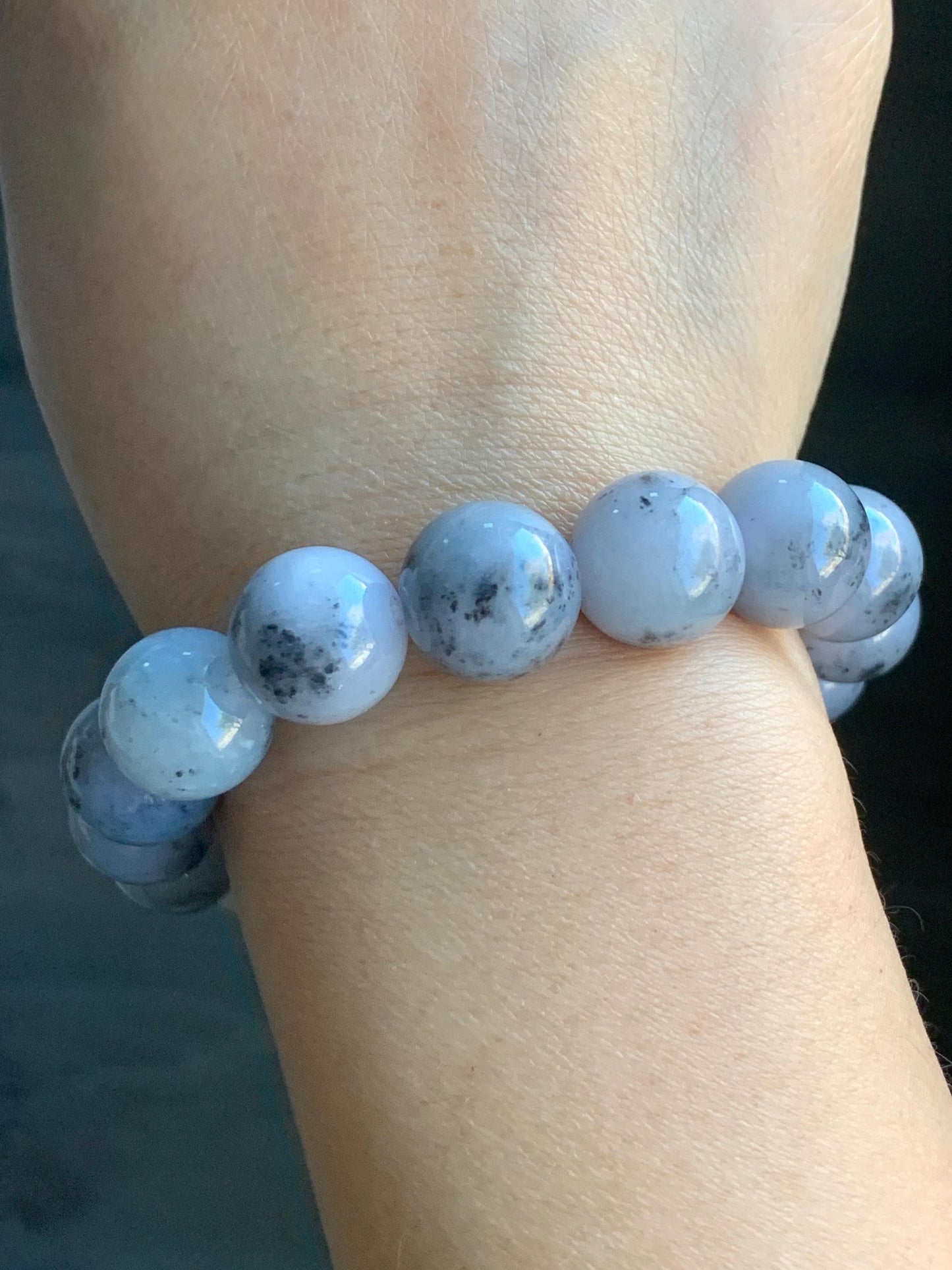 Certified Natural Burmese Icy Translucent Wuji Marbled Jadeite Beaded Bracelet 13.5mm 8” 69.7g 天然缅甸大卡乌鸡芝麻糊翡翠手串 4101