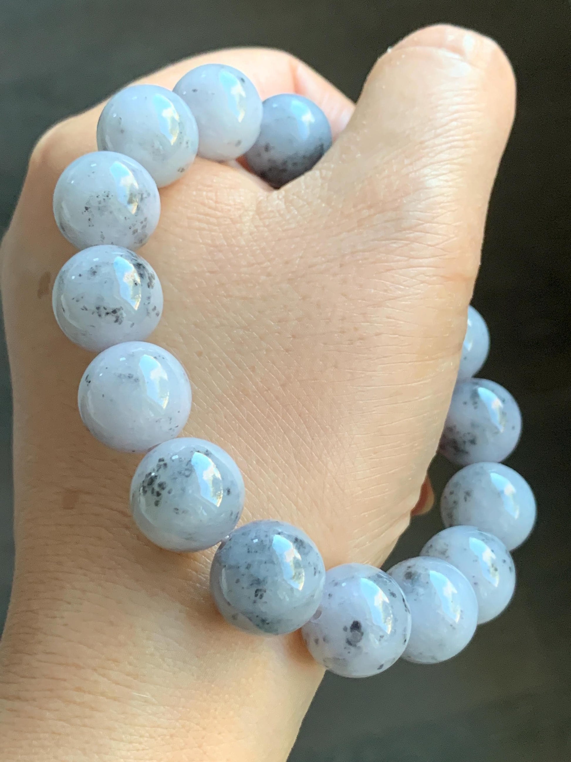 Certified Natural Burmese Icy Translucent Wuji Marbled Jadeite Beaded Bracelet 13.5mm 8” 69.7g 天然缅甸大卡乌鸡芝麻糊翡翠手串 4101