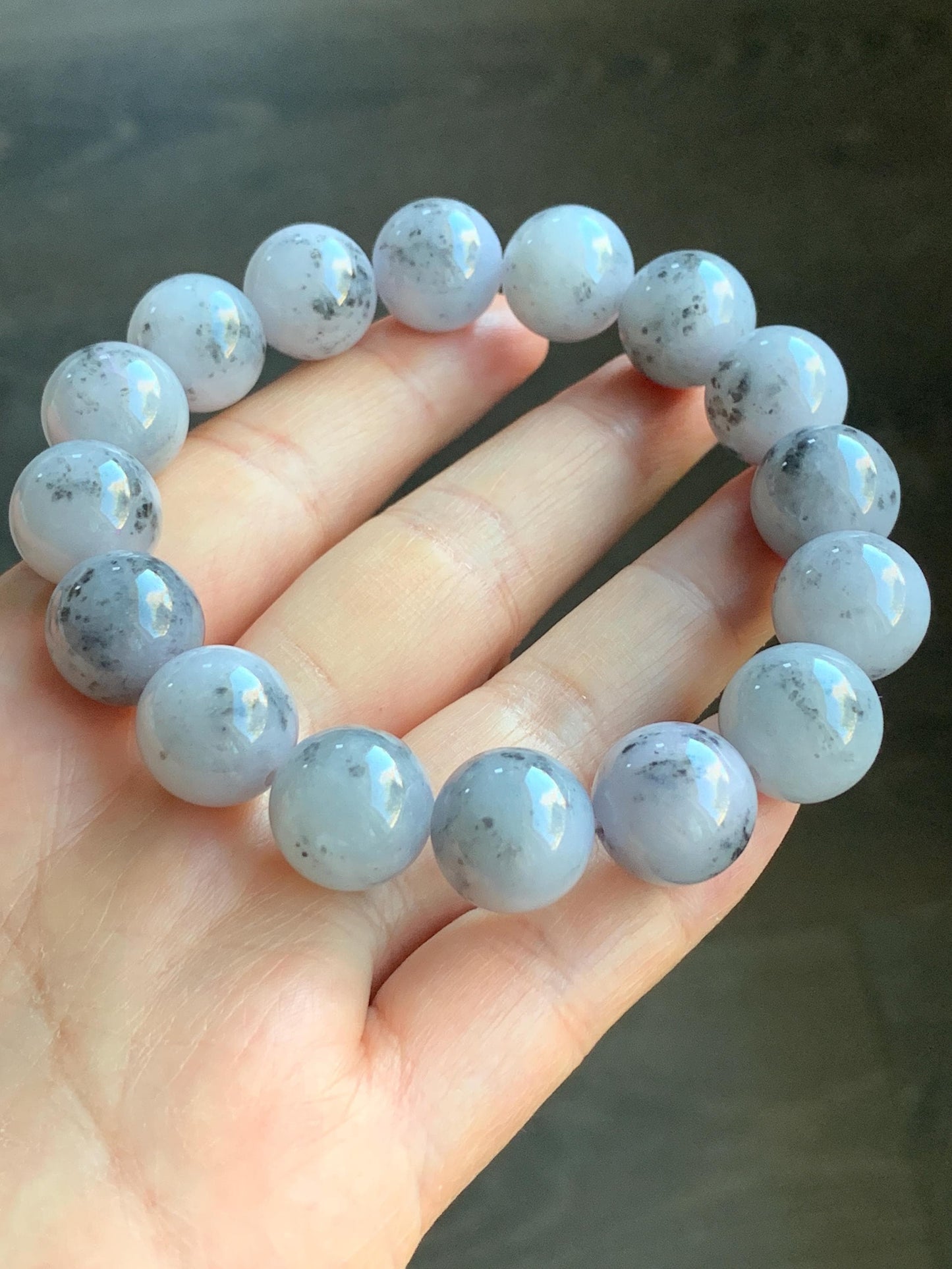 Certified Natural Burmese Icy Translucent Wuji Marbled Jadeite Beaded Bracelet 13.5mm 8” 69.7g 天然缅甸大卡乌鸡芝麻糊翡翠手串 4101